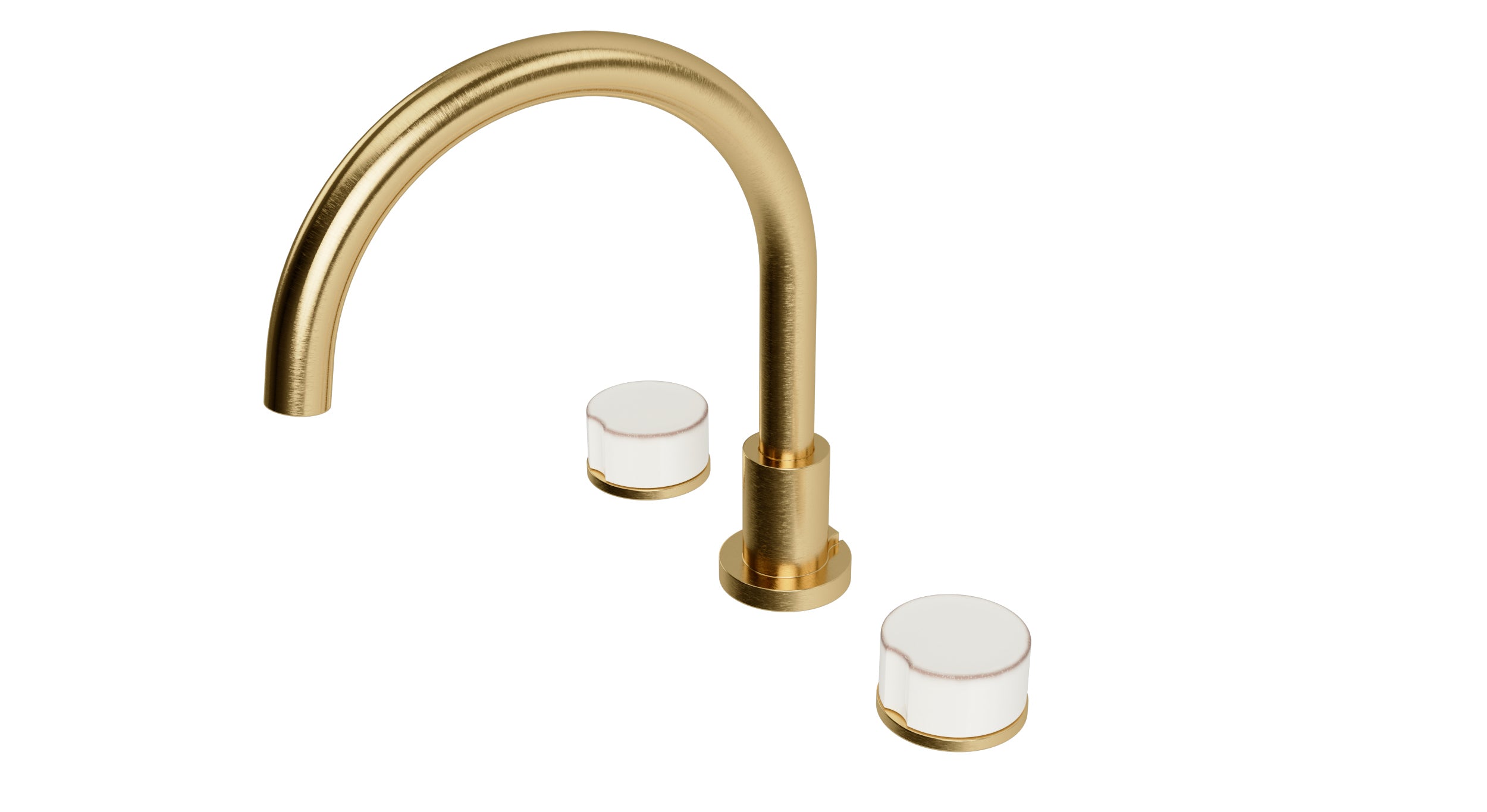 Foundry Two Handle Deck Mount Gooseneck Bath Trim with Groove Ceramic Knob Handles in Satin Brass
