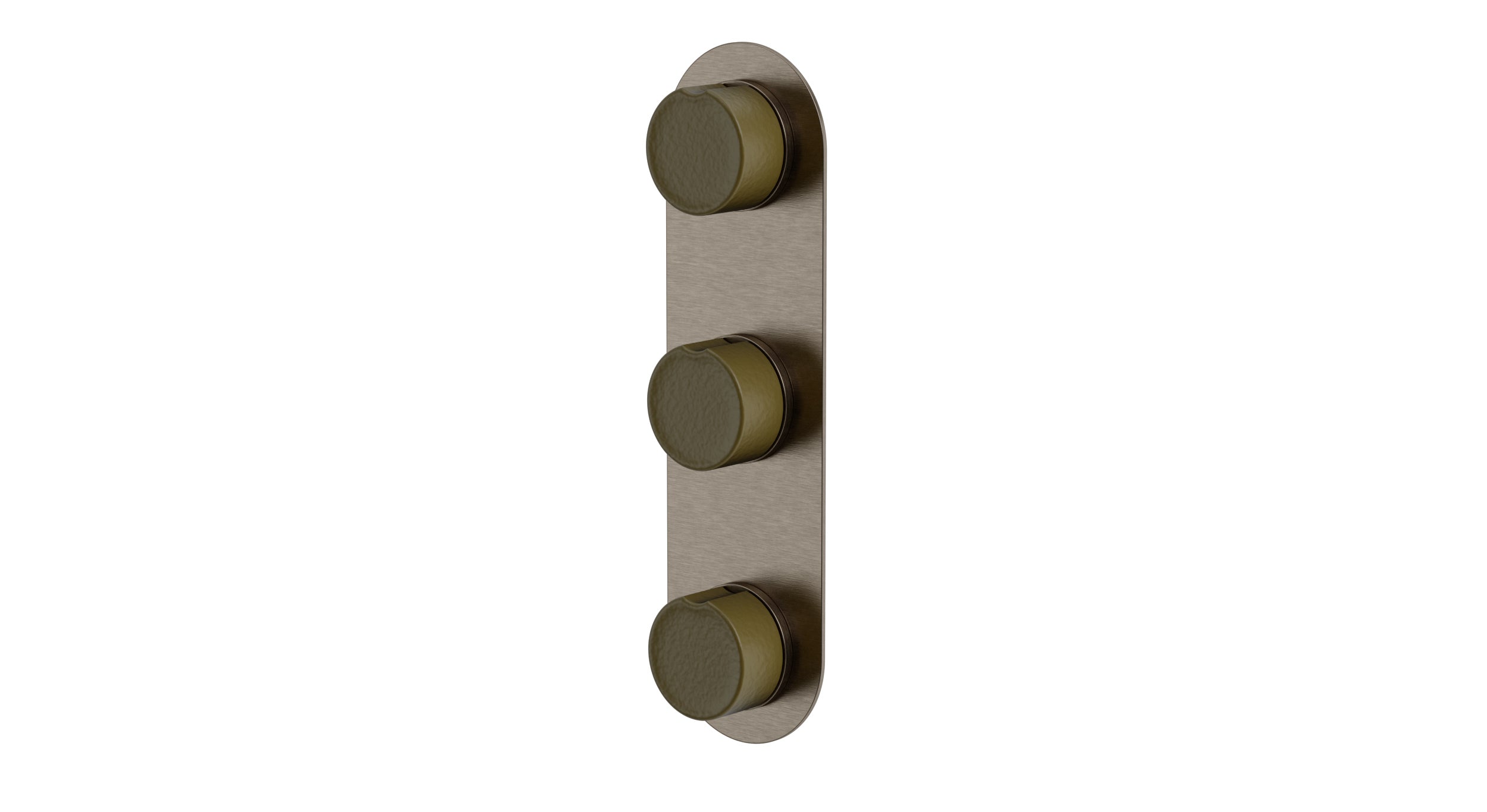 Foundry Three Handle Wall Mount Shower Trim with Groove Ceramic Knob Handles in Antique Nickel