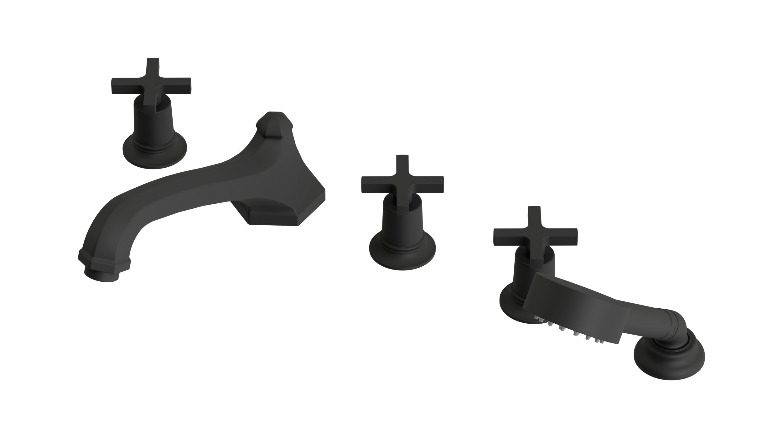 Emerson Three Handle Deck Mount Low Hexagon Bath Trim with Hand Shower and Classic Cross Handles in Matte Black