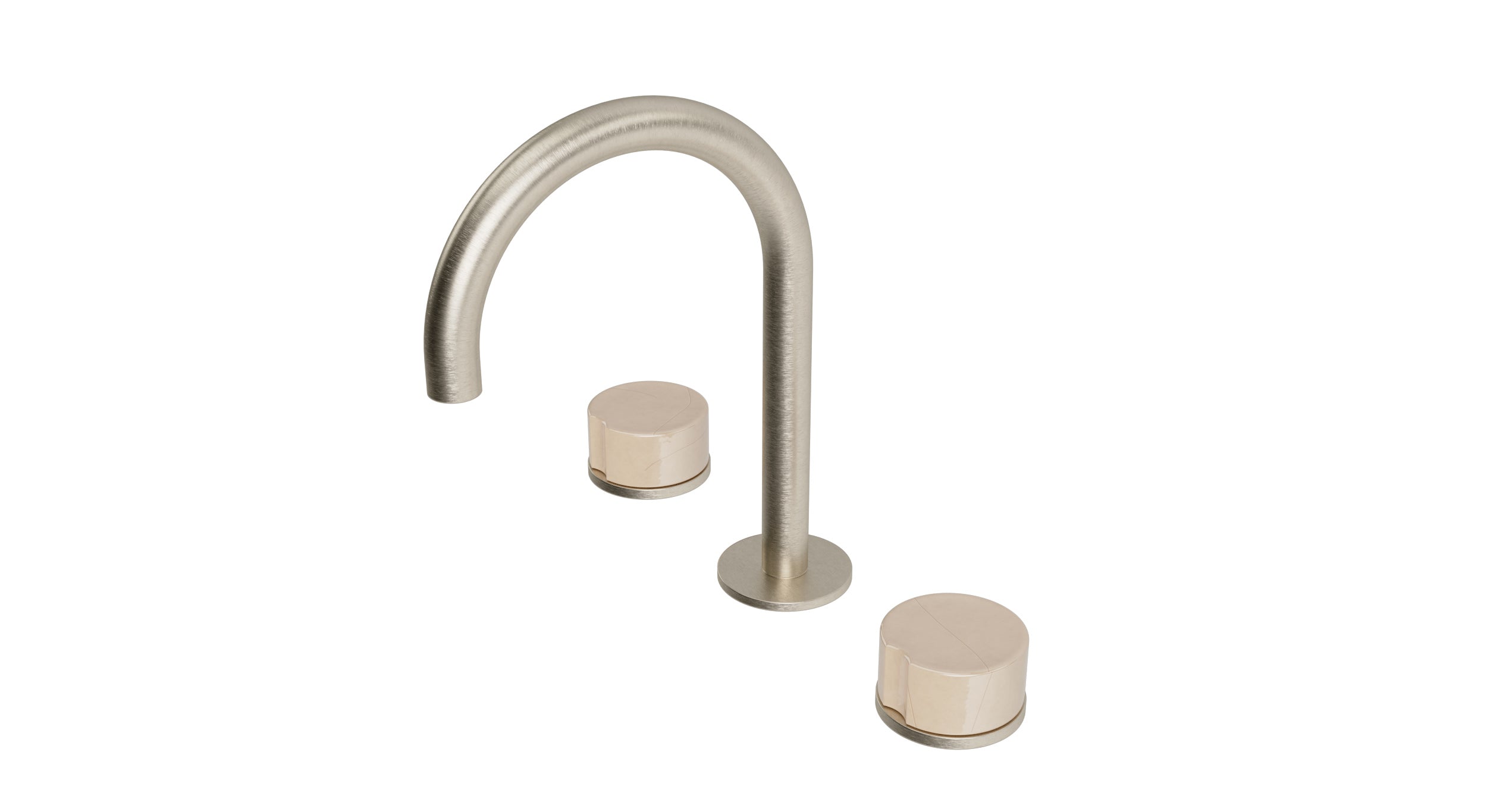Foundry Two Handle Deck Mount Gooseneck Lavatory Faucet with Groove Ceramic Knob Handles in Satin Nickel