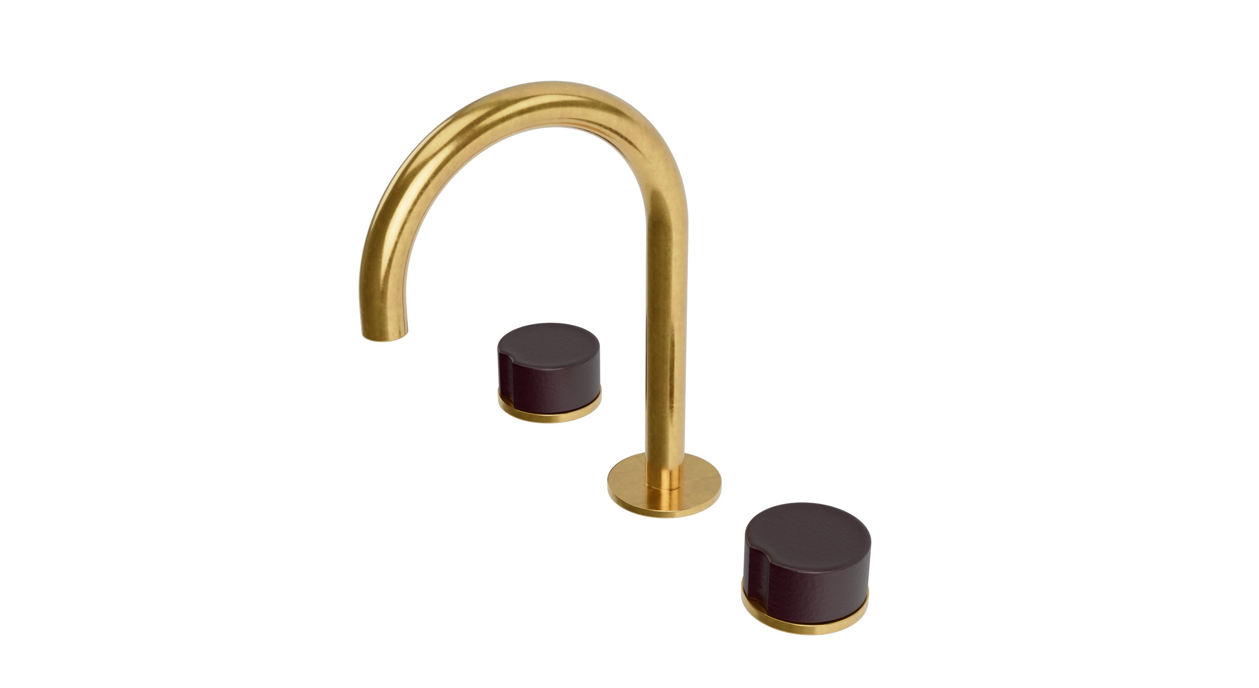 Foundry Two Handle Deck Mount Gooseneck Lavatory Faucet with Groove Ceramic Knob Handles in French Brass