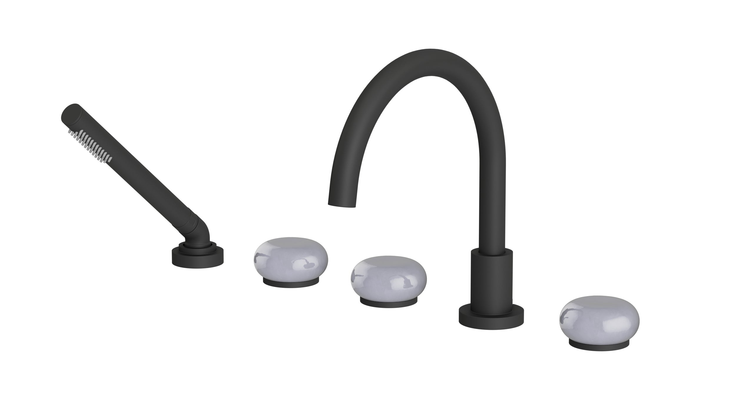 Foundry Three Handle Deck Mount Gooseneck Bath Trim with Hand Shower and Pebble Ceramic Knob Handles in Matte Black