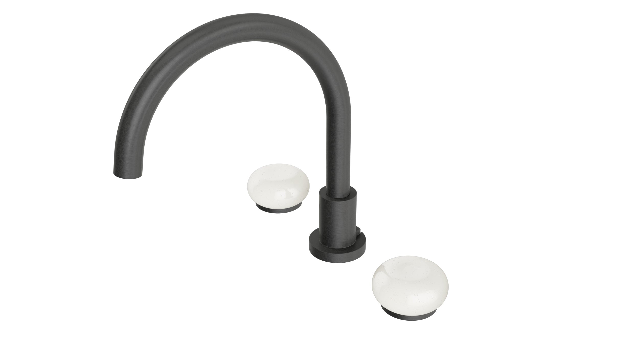 Foundry Two Handle Deck Mount Gooseneck Bath Trim with Pebble Ceramic Knob Handles in Blackened Nickel