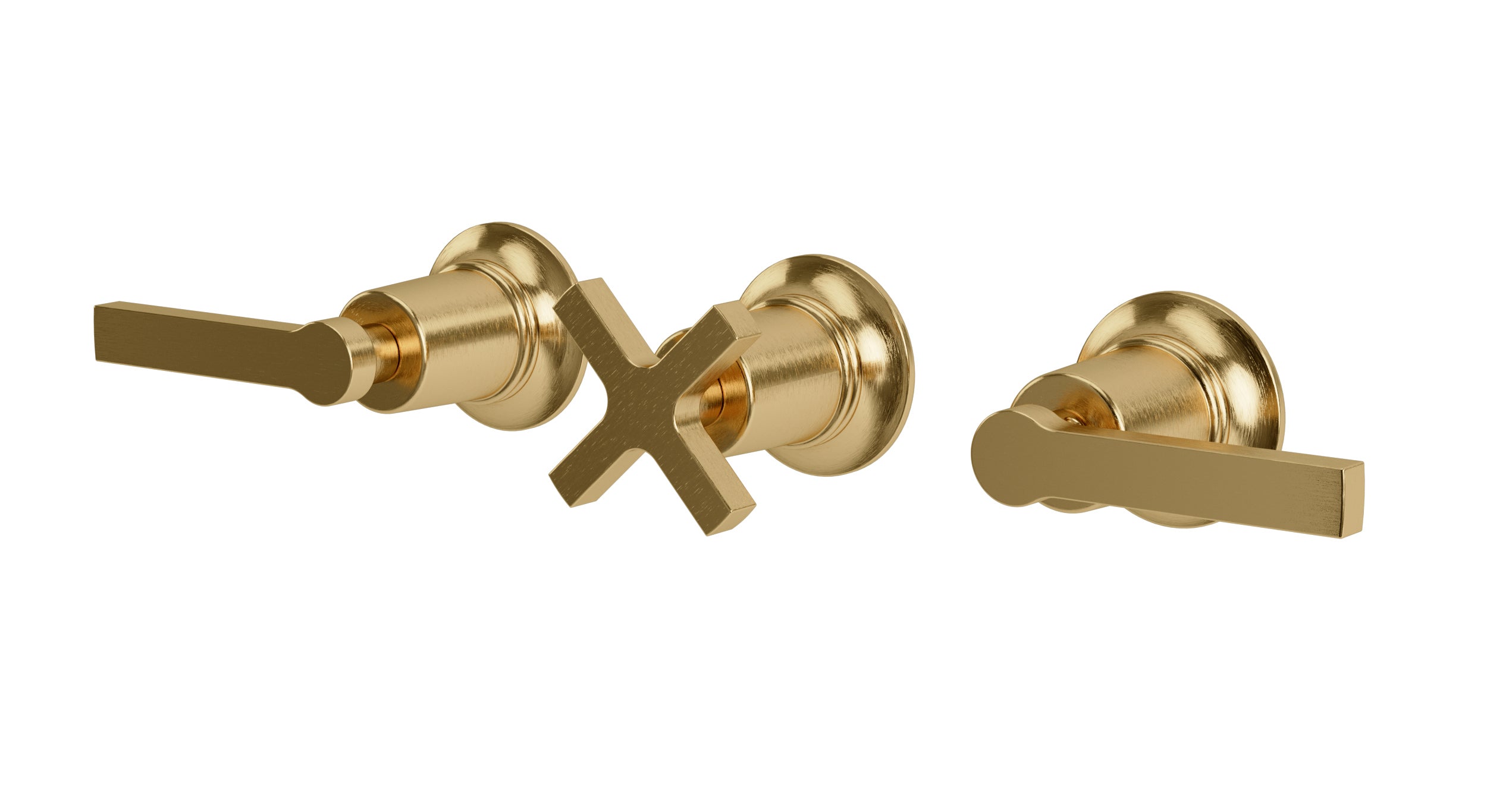 Emerson Three Handle Wall Mount Bath Trim with Diverter/Volume Control and Classic Cross/Classic Lever Handles in Satin Brass