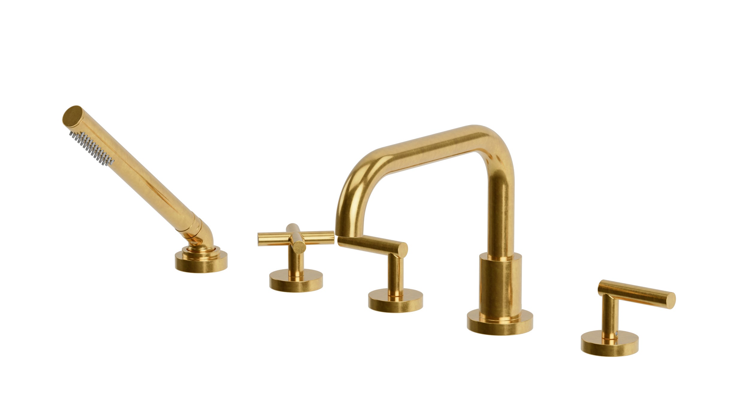Contour Three Handle Deck Mount Squaretop Bath Trim with Hand Shower and Soft Cross/Soft Lever Handles in French Brass