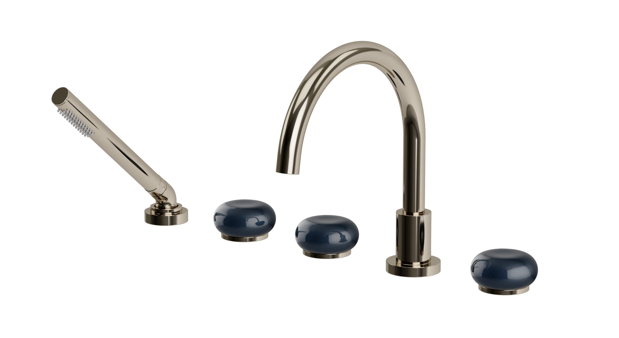 Foundry Three Handle Deck Mount Gooseneck Bath Trim with Hand Shower and Pebble Ceramic Knob Handles in Polished Nickel