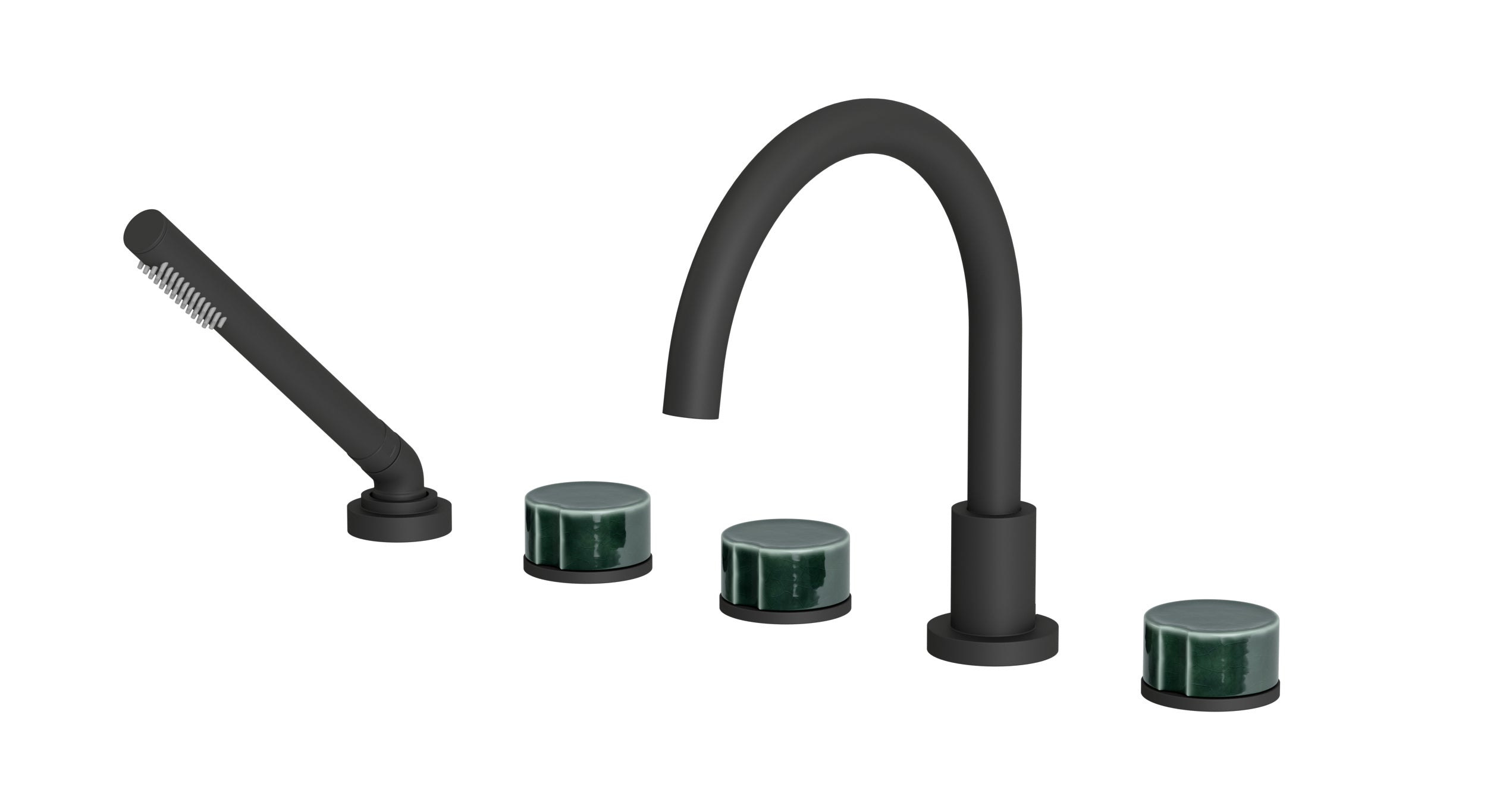Foundry Three Handle Deck Mount Gooseneck Bath Trim with Hand Shower and Groove Ceramic Knob Handles in Matte Black