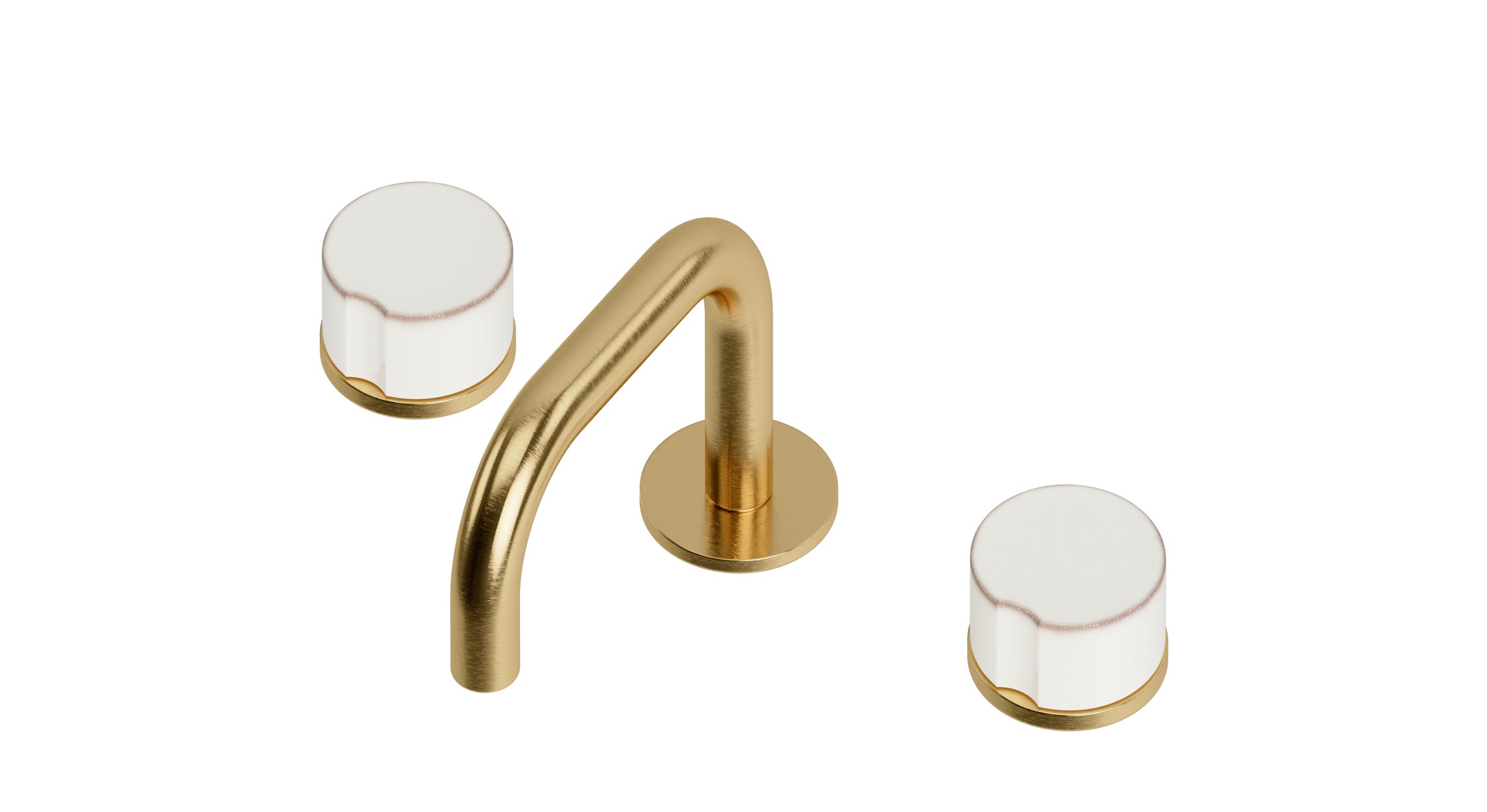 Foundry Two Handle Deck Mount Squaretop Lavatory Faucet with Groove Ceramic Knob Handles in Satin Brass