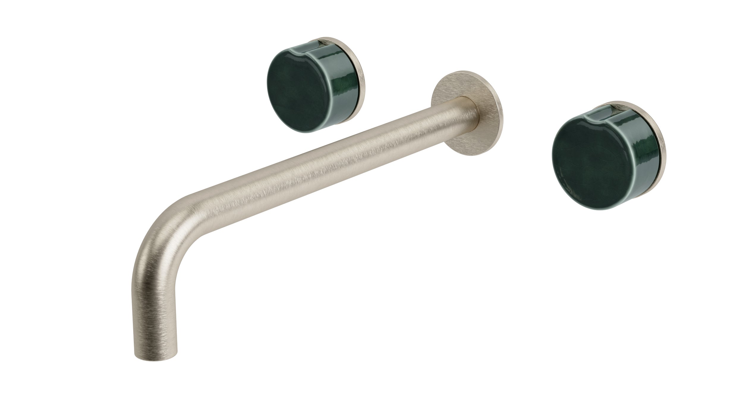 Foundry Two Handle Wall Mount 10" Lavatory Faucet with Groove Ceramic Knob Handles in Satin Nickel