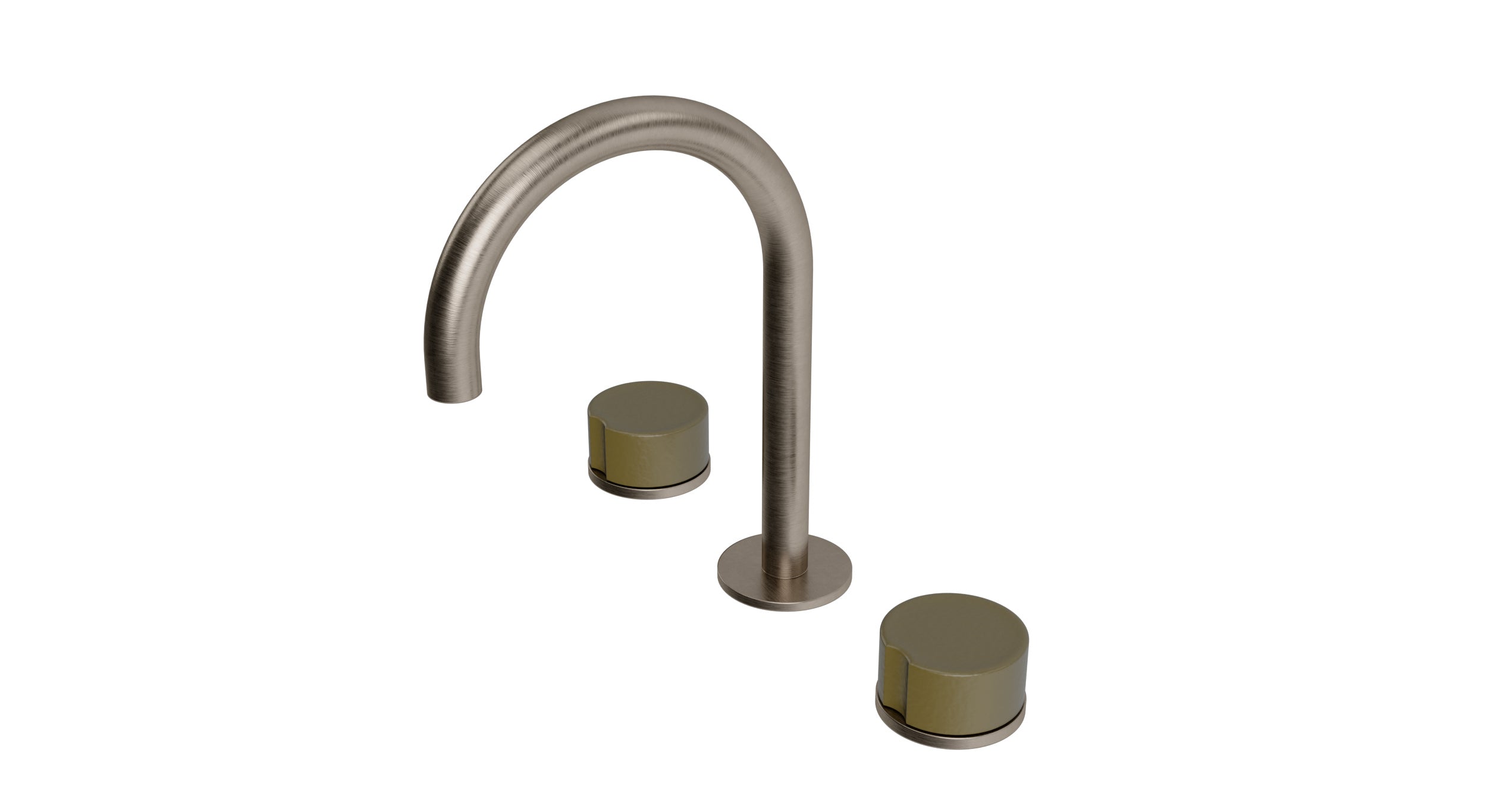 Foundry Two Handle Deck Mount Gooseneck Lavatory Faucet with Groove Ceramic Knob Handles in Antique Nickel