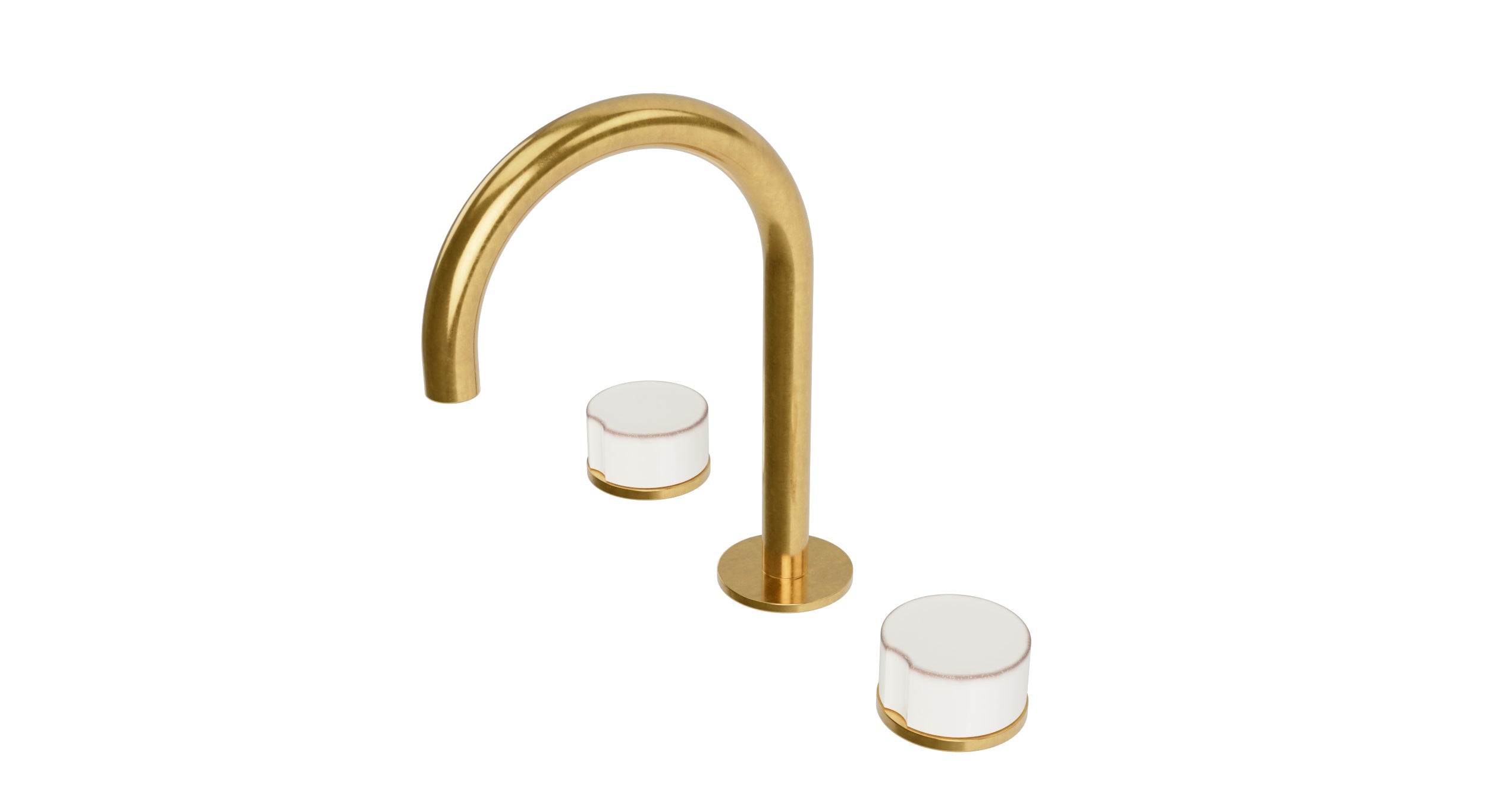 Foundry Two Handle Deck Mount Gooseneck Lavatory Faucet with Groove Ceramic Knob Handles in French Brass