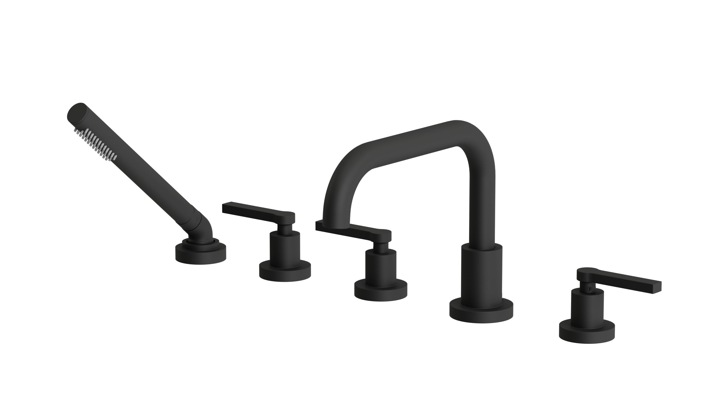 Flatiron Three Handle Deck Mount Squaretop Bath Trim with Hand Shower and Linear Lever Handles in Matte Black