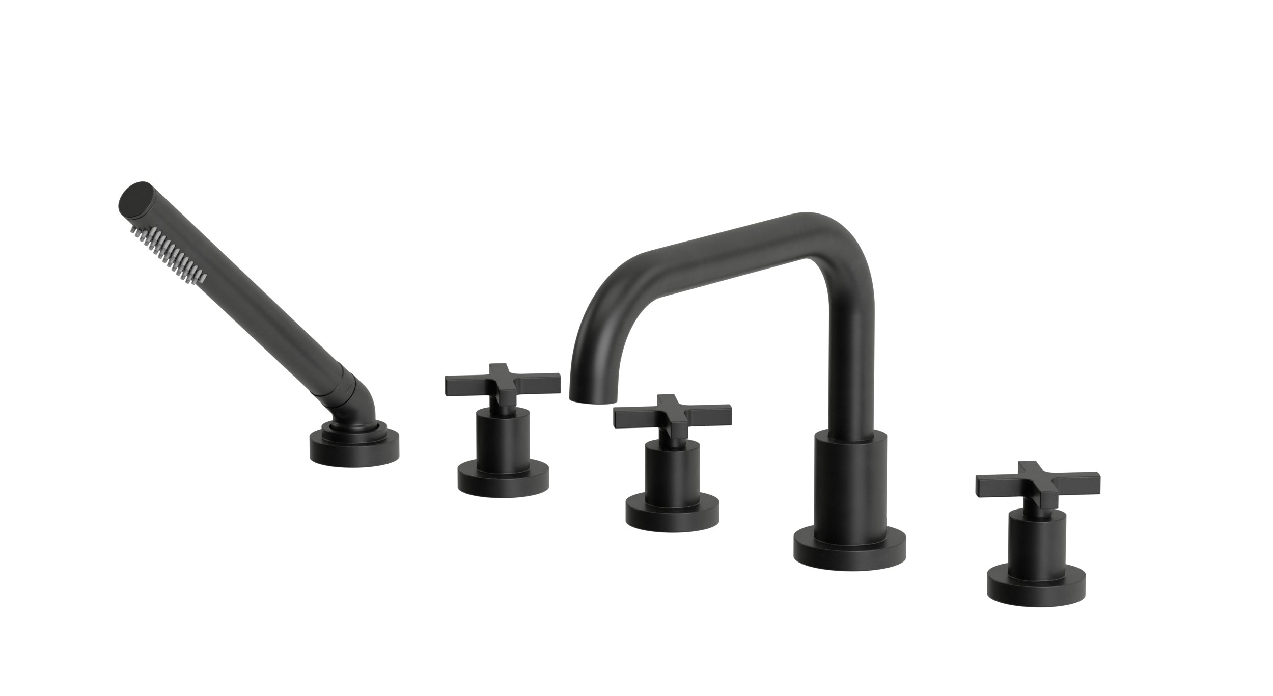 Flatiron Three Handle Deck Mount Squaretop Bath Trim with Hand Shower and Linear Cross Handles in Oil Rubbed Bronze