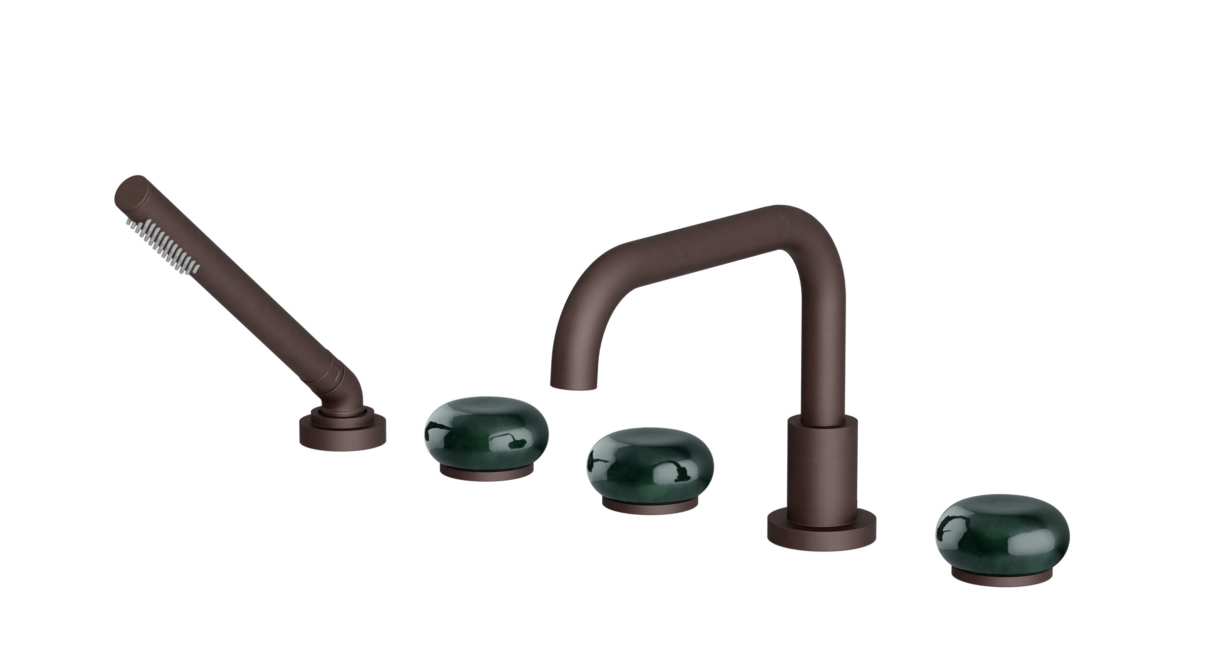 Foundry Three Handle Deck Mount Squaretop Bath Trim with Hand Shower and Pebble Ceramic Knob Handles in Architectural Copper