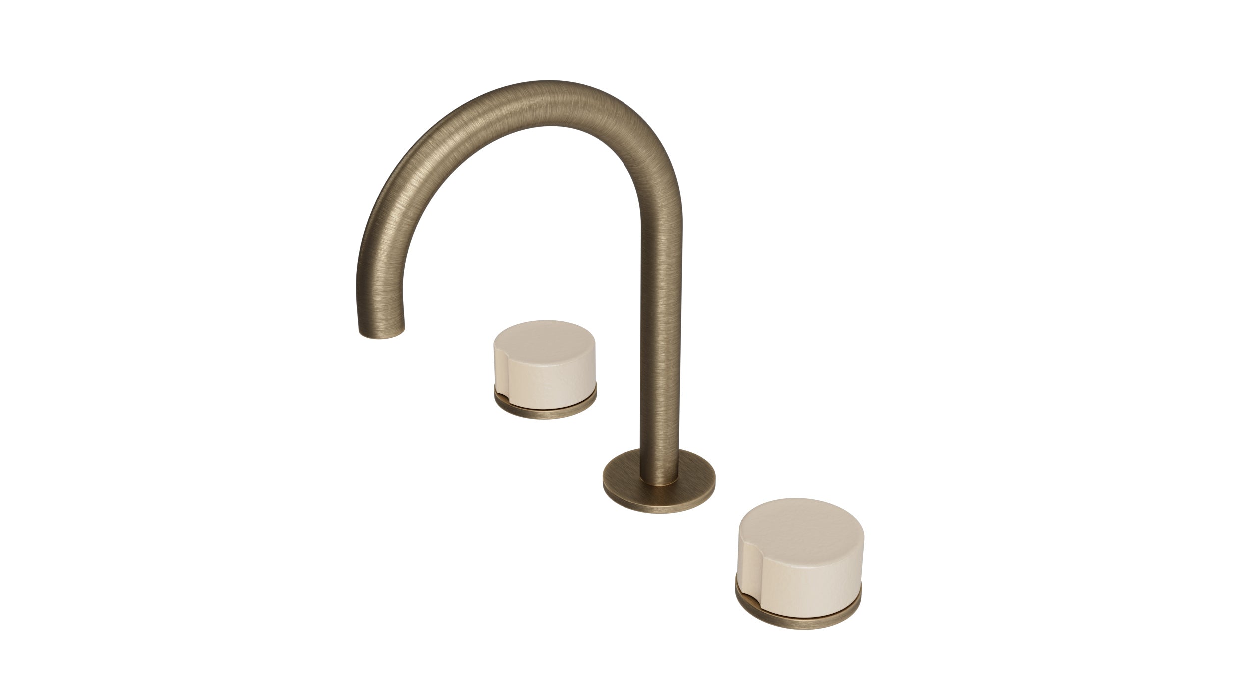 Foundry Two Handle Deck Mount Gooseneck Lavatory Faucet with Groove Ceramic Knob Handles in Antique Brass