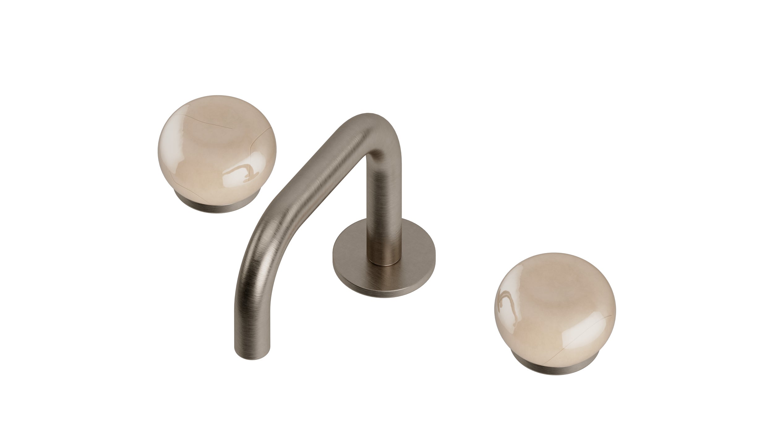 Foundry Two Handle Deck Mount Squaretop Lavatory Faucet with Pebble Ceramic Knob Handles in Antique Nickel