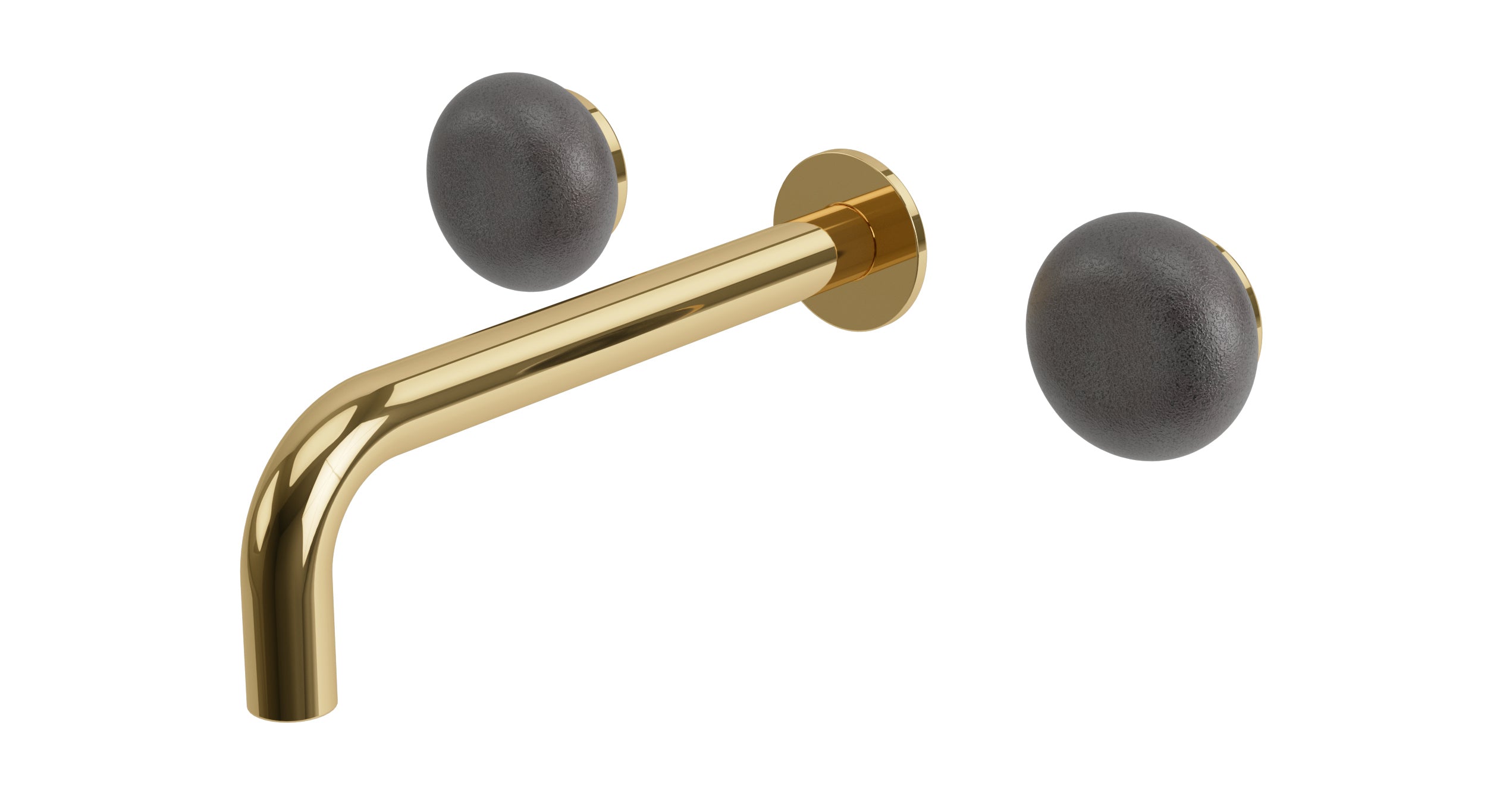 Foundry Two Handle Wall Mount 7.5" Lavatory Faucet with Pebble Ceramic Knob Handles in Polished Brass