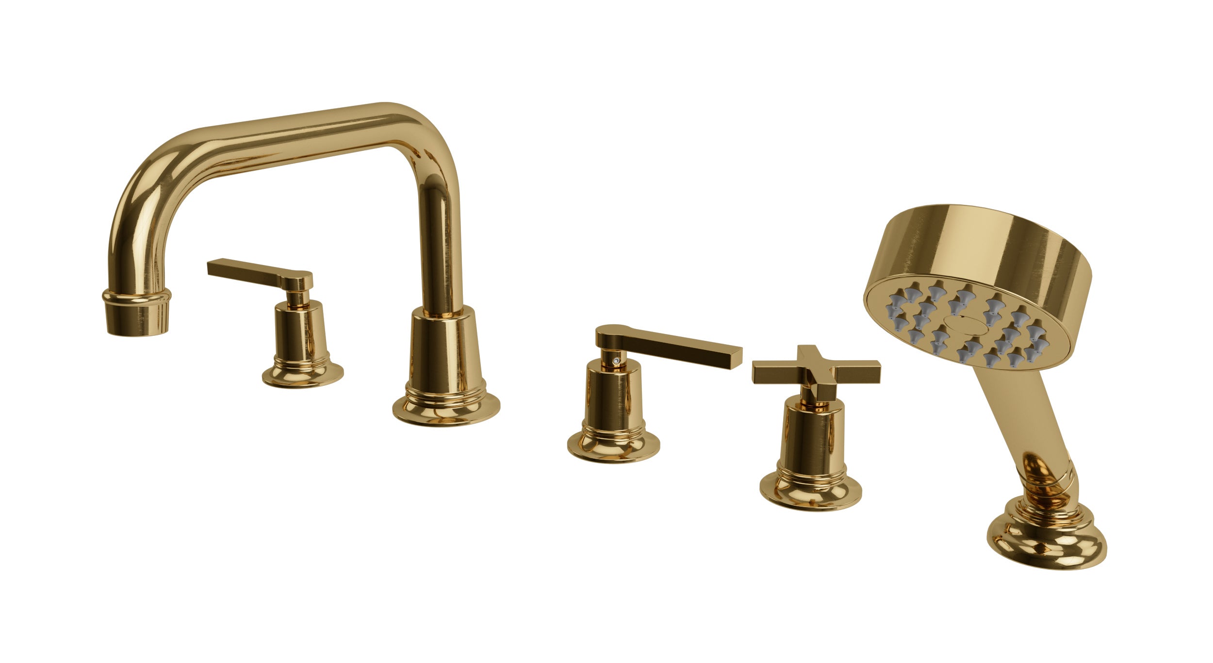 Emerson Three Handle Deck Mount Squaretop Bath Trim with Hand Shower and Classic Cross/Classic Lever Handles in Uncoated Polished Brass