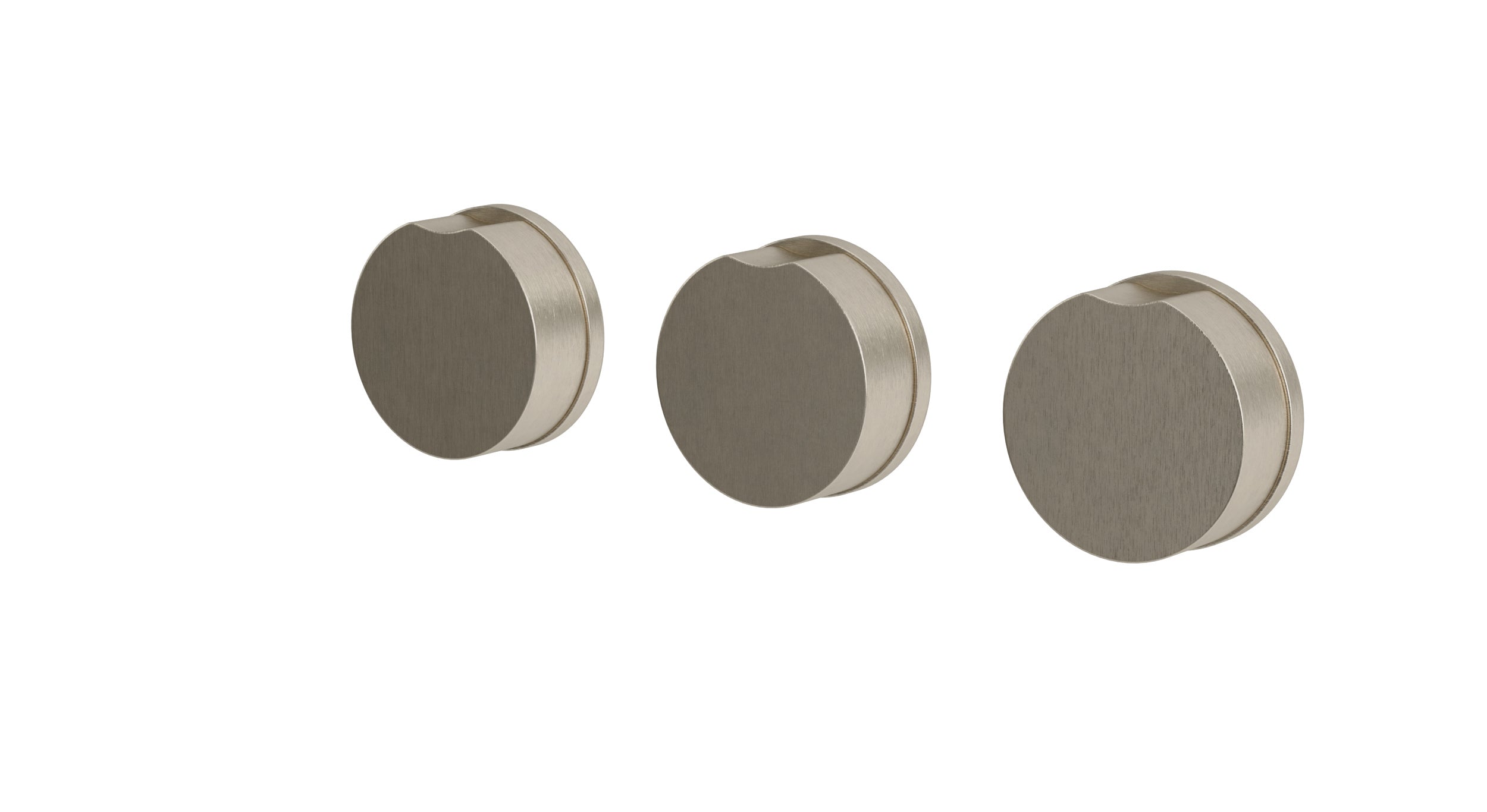 Foundry Three Handle Wall Mount Bath Trim with Diverter/Volume Control and Circle Knob Handles in Satin Nickel