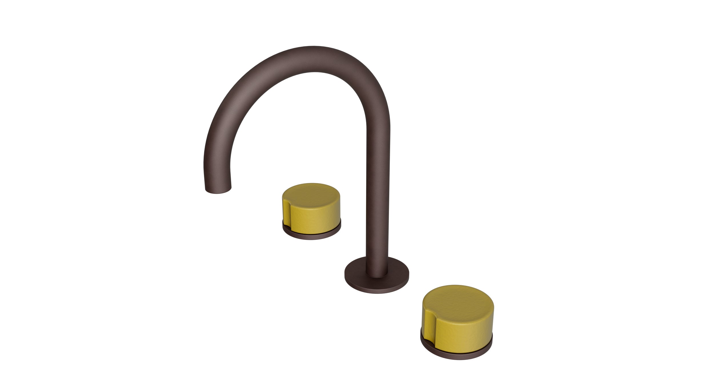 Foundry Two Handle Deck Mount Gooseneck Lavatory Faucet with Groove Ceramic Knob Handles in Architectural Copper