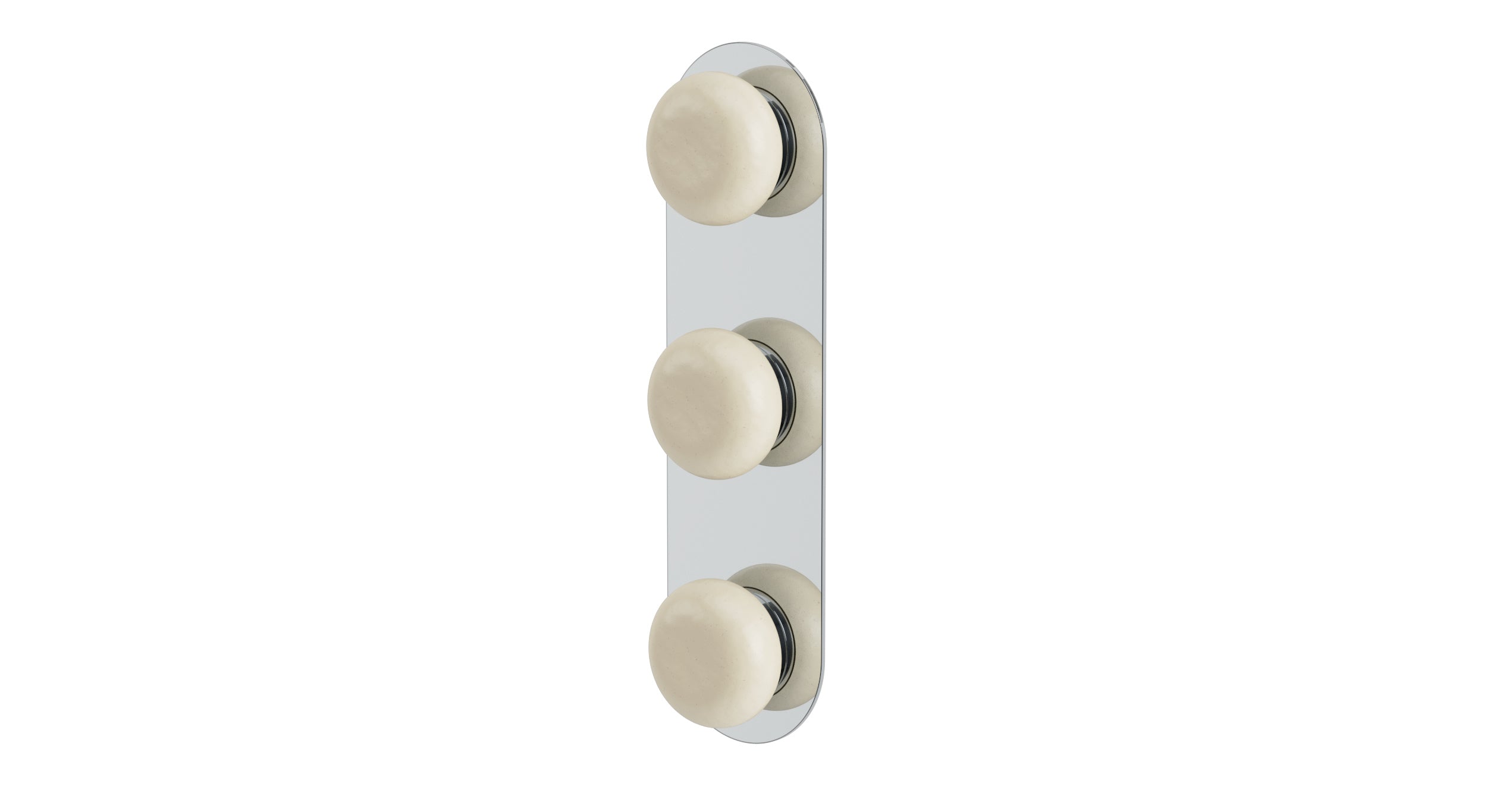 Foundry Three Handle Wall Mount Shower Trim with Pebble Ceramic Knob Handles in Polished Chrome