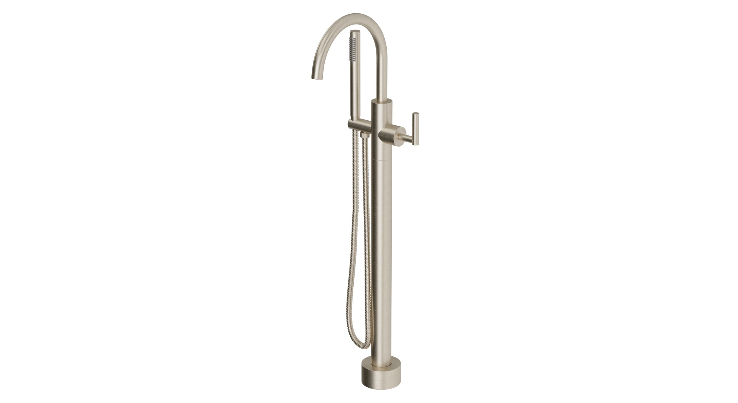 Contour One Handle Floor Mount Gooseneck Bath Trim with Hand Shower and Soft Lever Handle in Satin Nickel