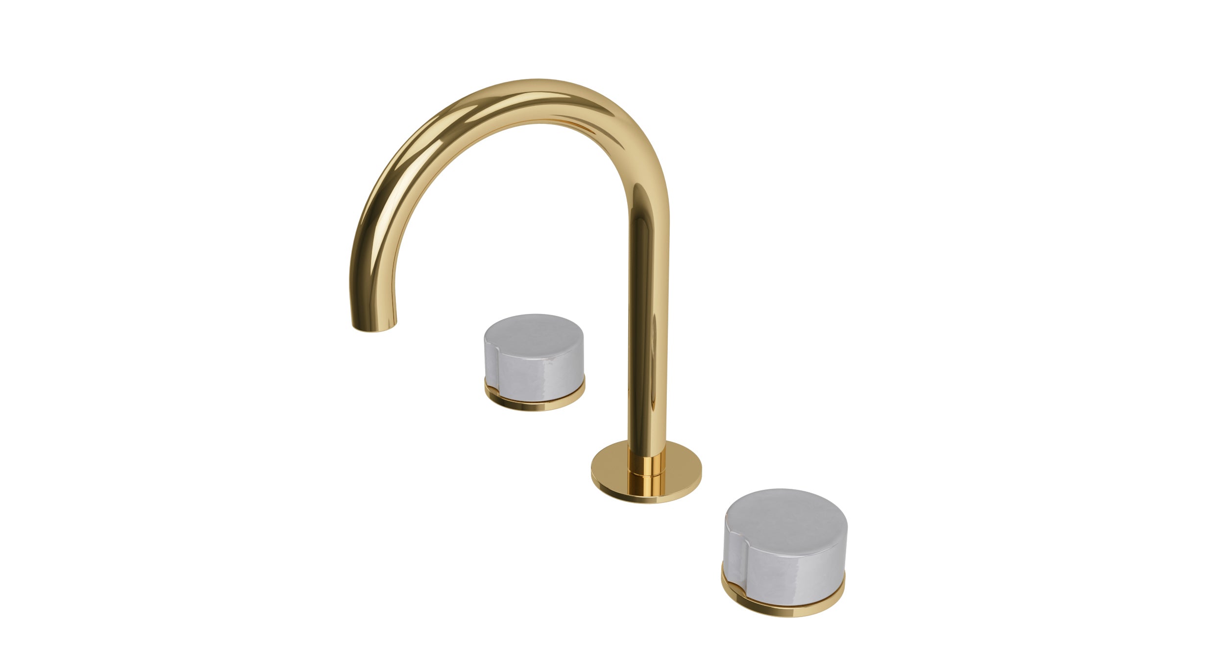 Foundry Two Handle Deck Mount Gooseneck Lavatory Faucet with Groove Ceramic Knob Handles in Polished Brass