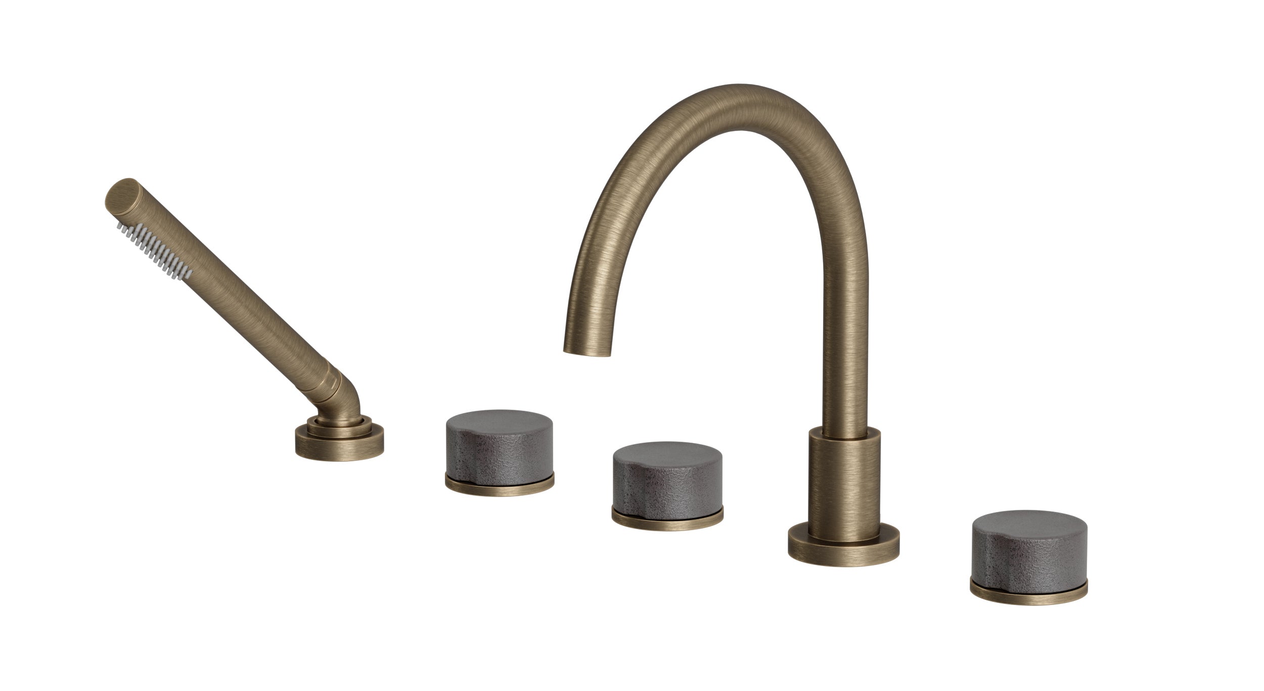 Foundry Three Handle Deck Mount Gooseneck Bath Trim with Hand Shower and Groove Ceramic Knob Handles in Antique Brass