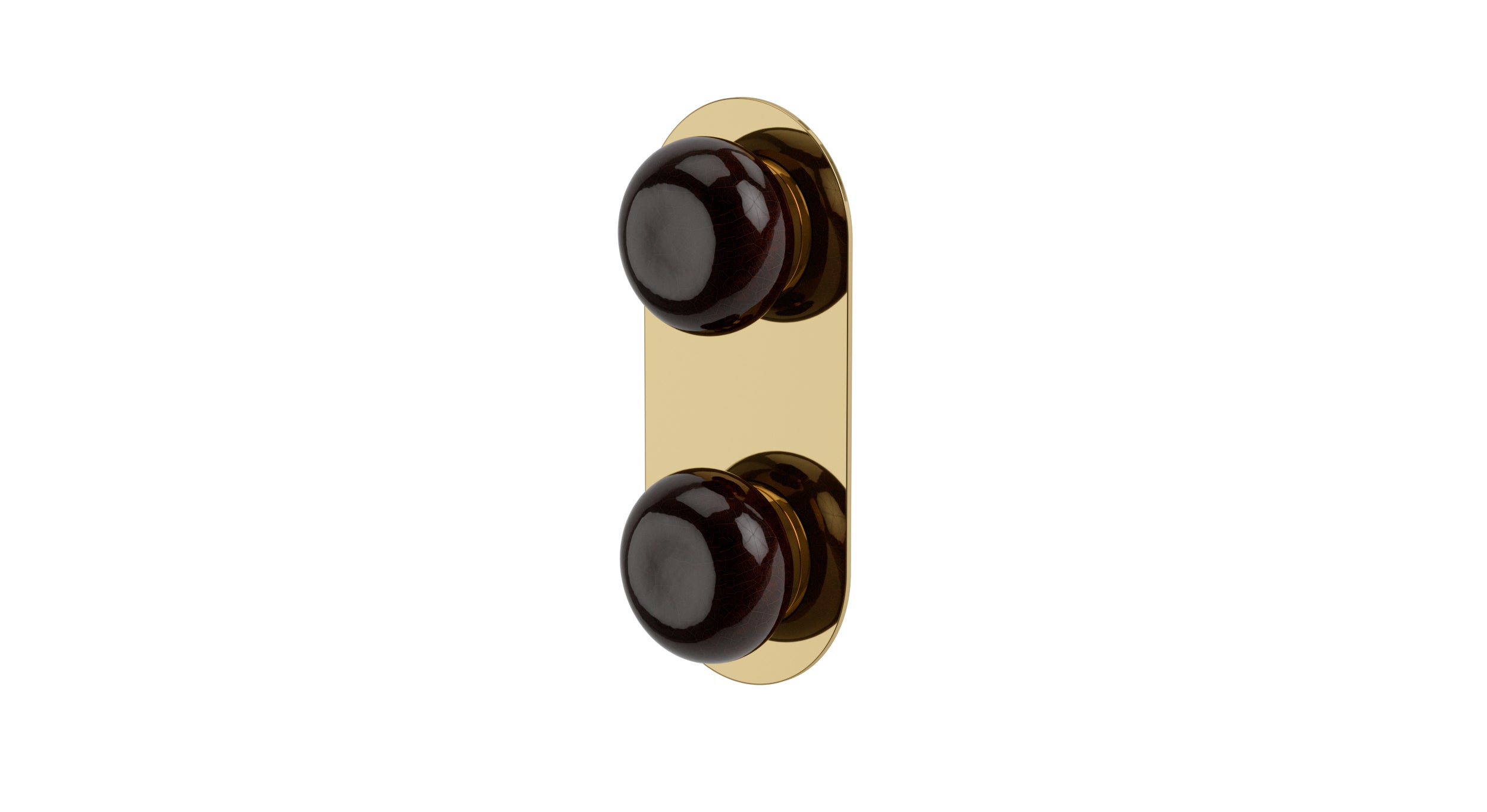 Foundry Two Handle Wall Mount Shower Trim with Pebble Ceramic Knob Handles in Polished Brass