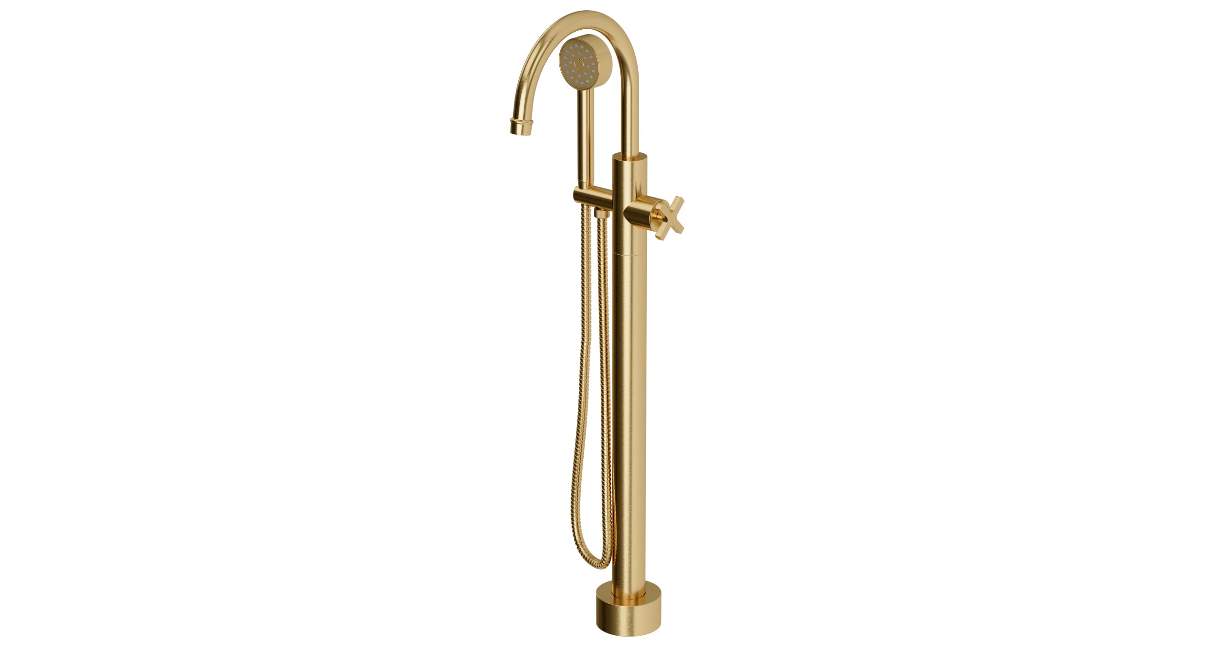 Emerson One Handle Floor Mount Gooseneck Bath Trim with Hand Shower and Classic Cross Handle in Satin Brass