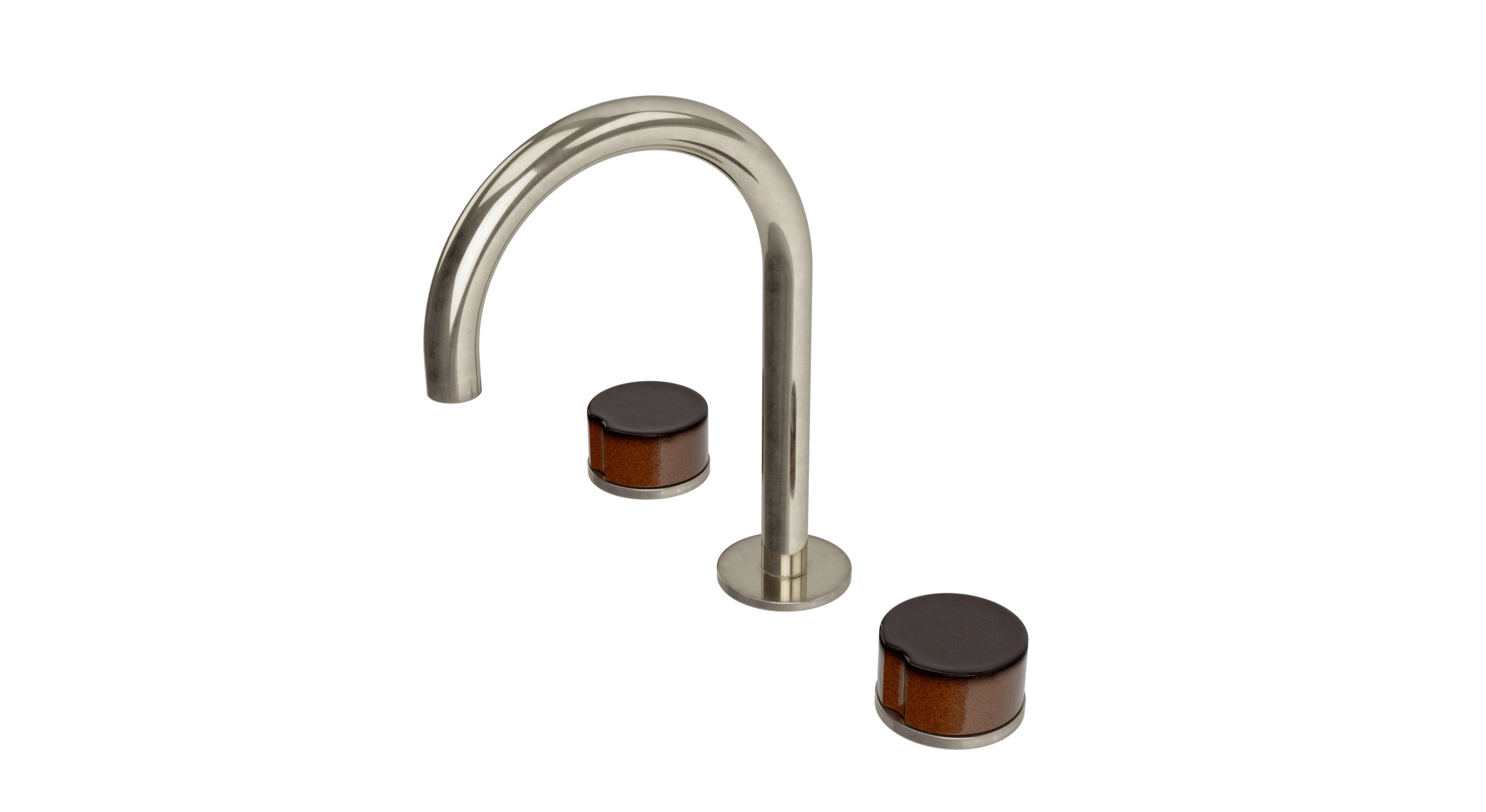 Foundry Two Handle Deck Mount Gooseneck Lavatory Faucet with Groove Ceramic Knob Handles in French Nickel