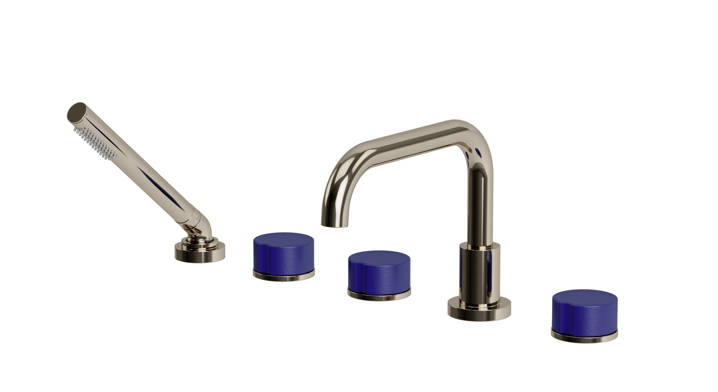 Foundry Three Handle Deck Mount Squaretop Bath Trim with Hand Shower and Groove Ceramic Knob Handles