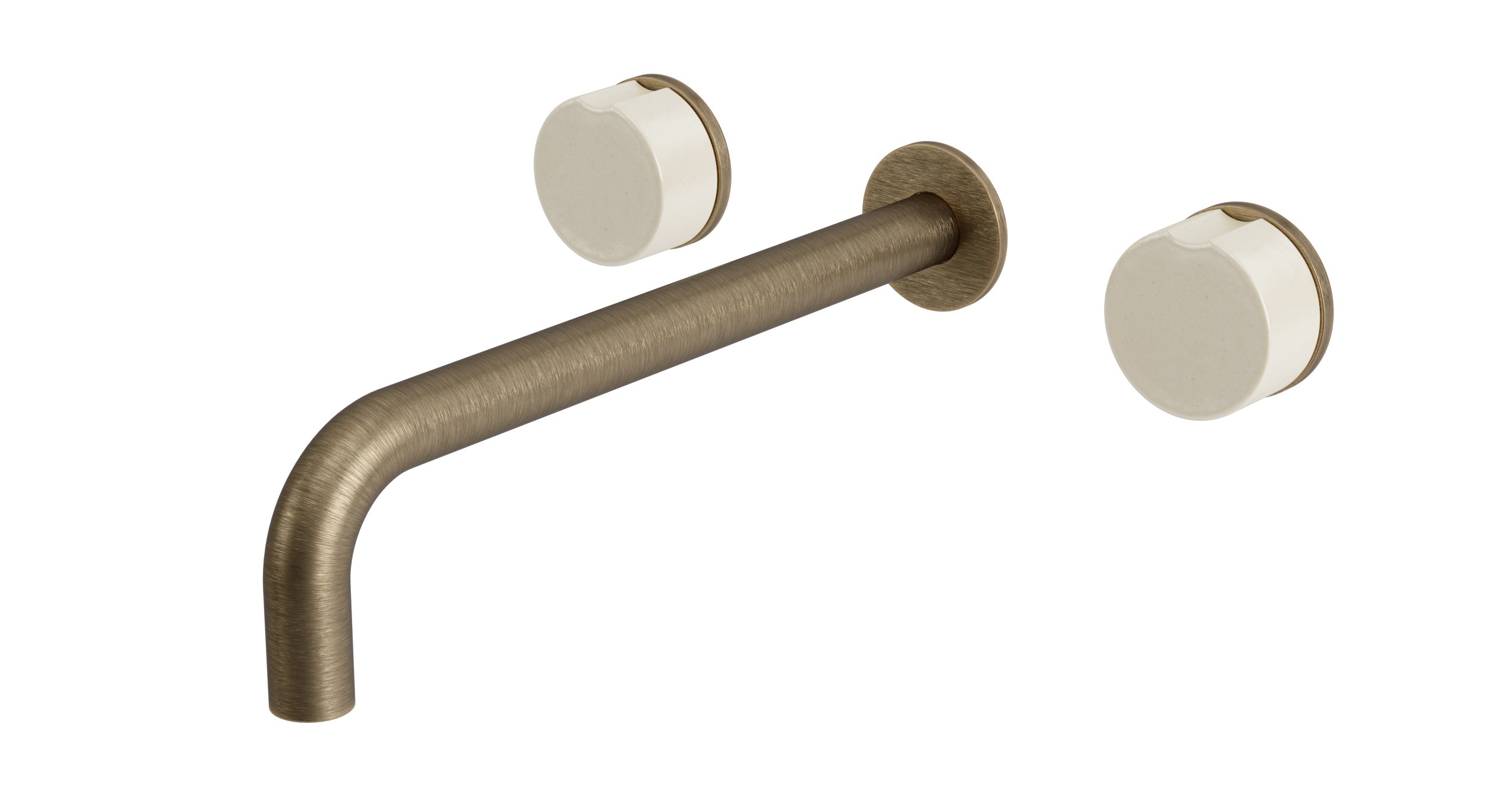 Foundry Two Handle Wall Mount 10" Lavatory Faucet with Groove Ceramic Knob Handles in Antique Brass