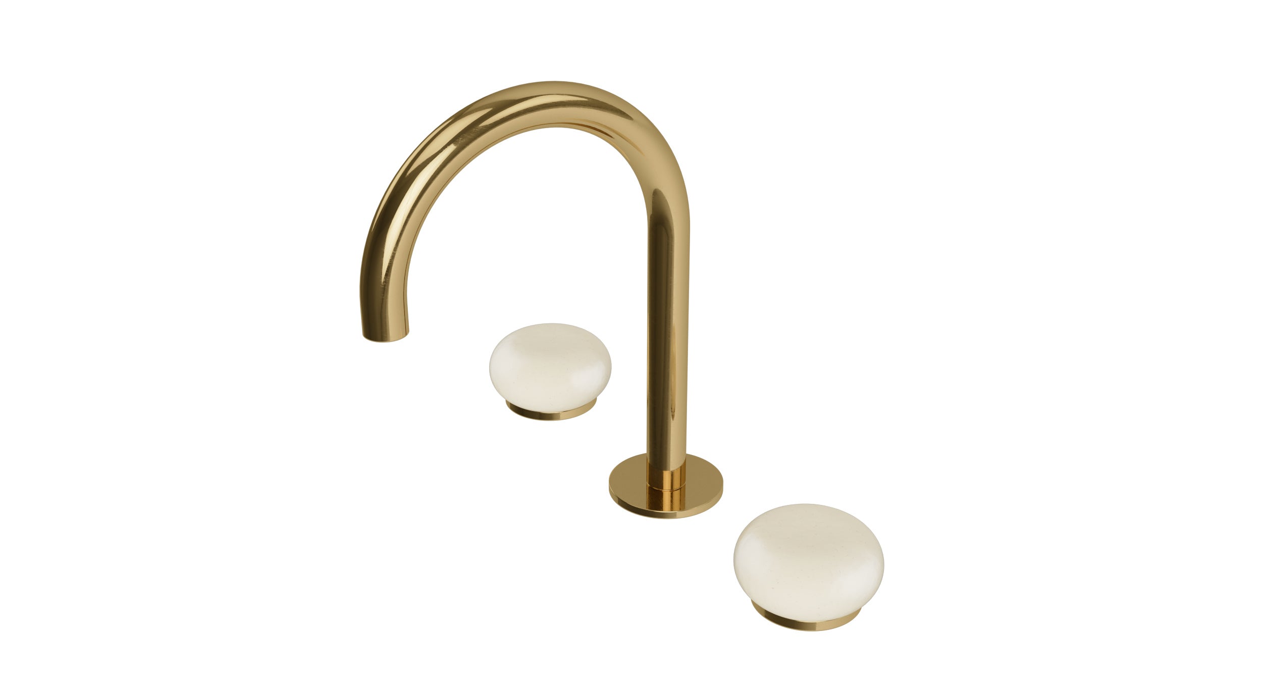 Foundry Two Handle Deck Mount Gooseneck Lavatory Faucet with Pebble Ceramic Knob Handles in Uncoated Polished Brass