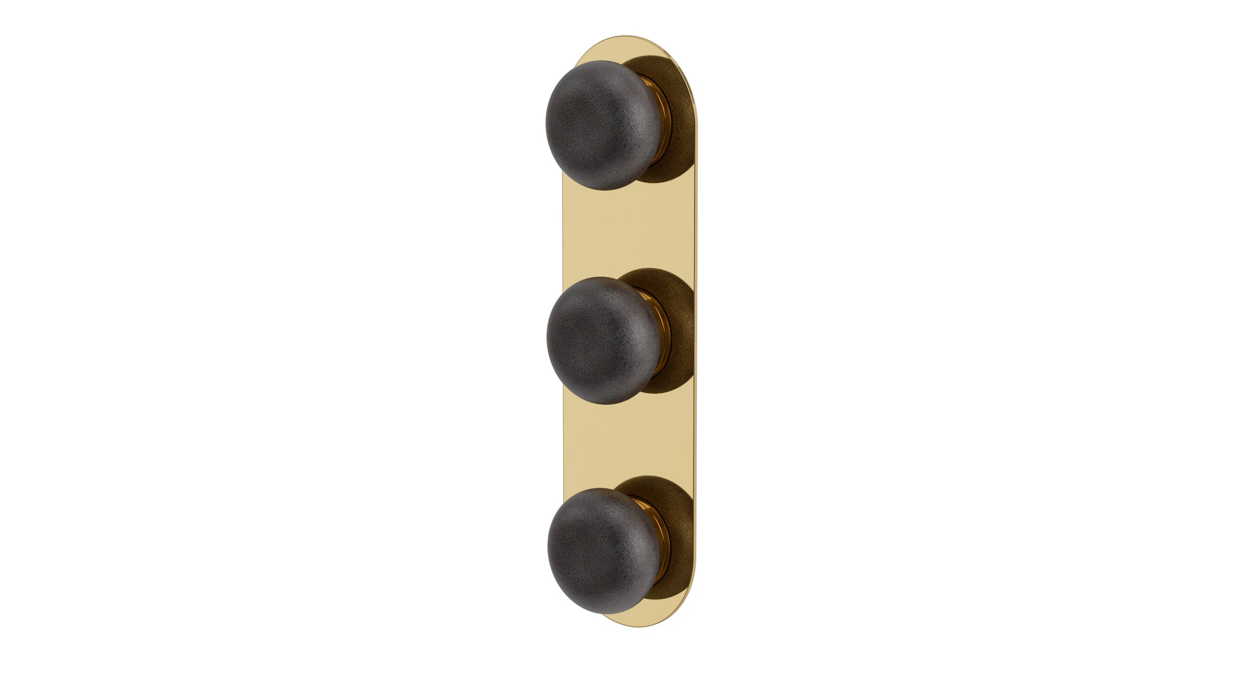 Foundry Three Handle Wall Mount Shower Trim with Pebble Ceramic Knob Handles in Polished Brass