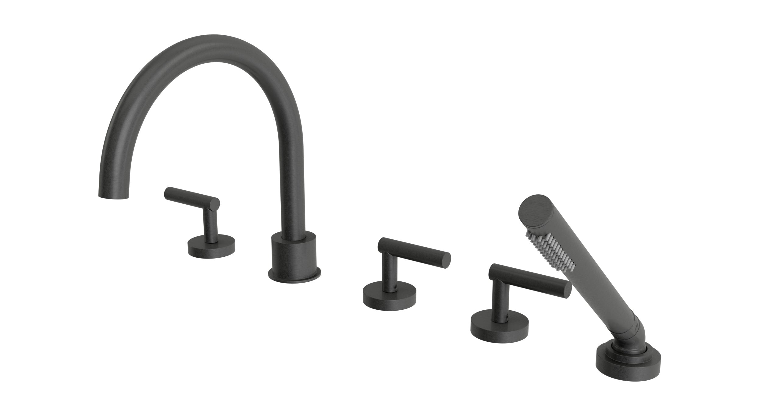 Contour Three Handle Deck Mount Gooseneck Bath Trim with Hand Shower and Soft Lever Handles in Blackened Nickel