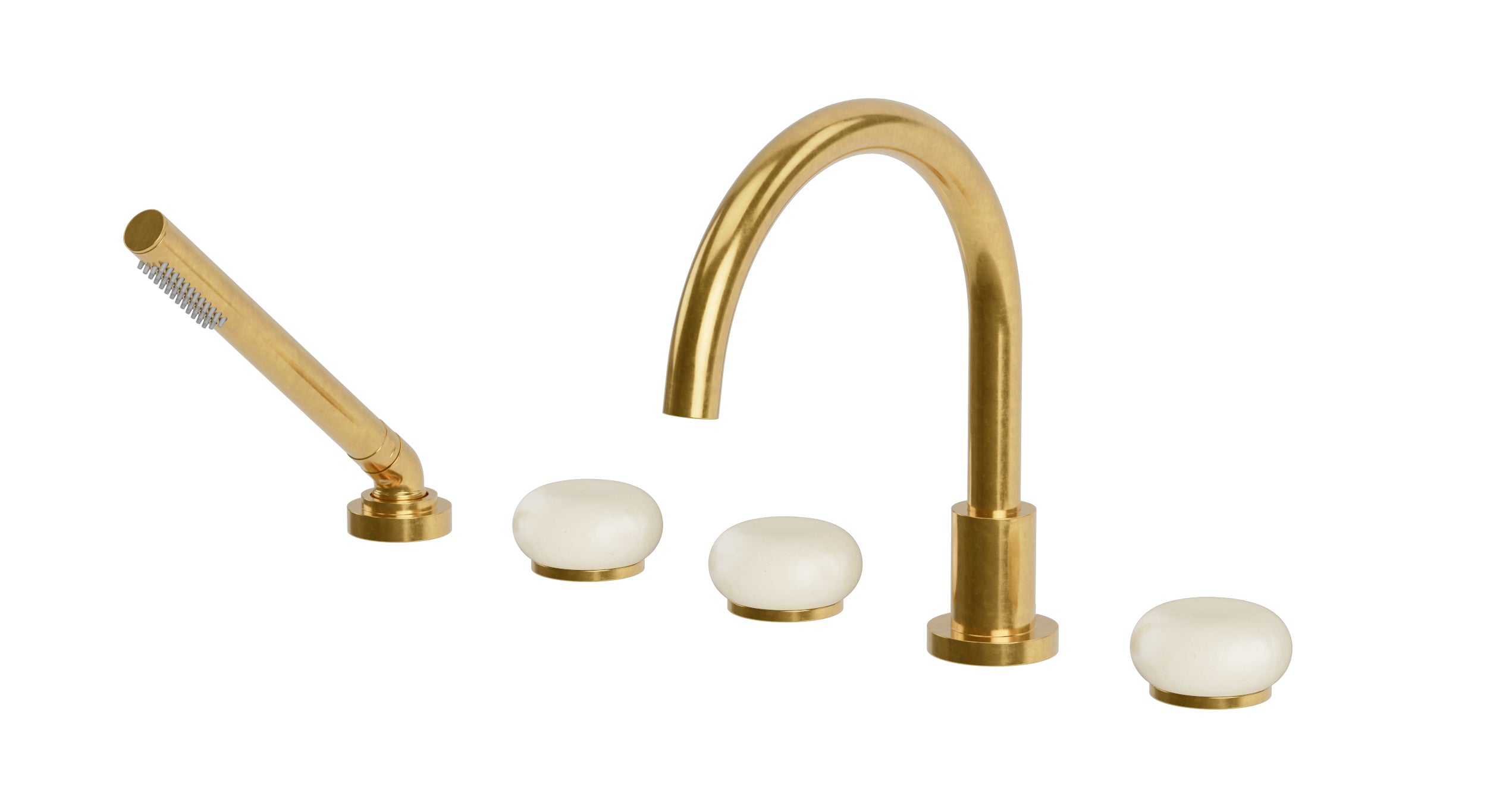 Foundry Three Handle Deck Mount Gooseneck Bath Trim with Hand Shower and Pebble Ceramic Knob Handles in French Brass