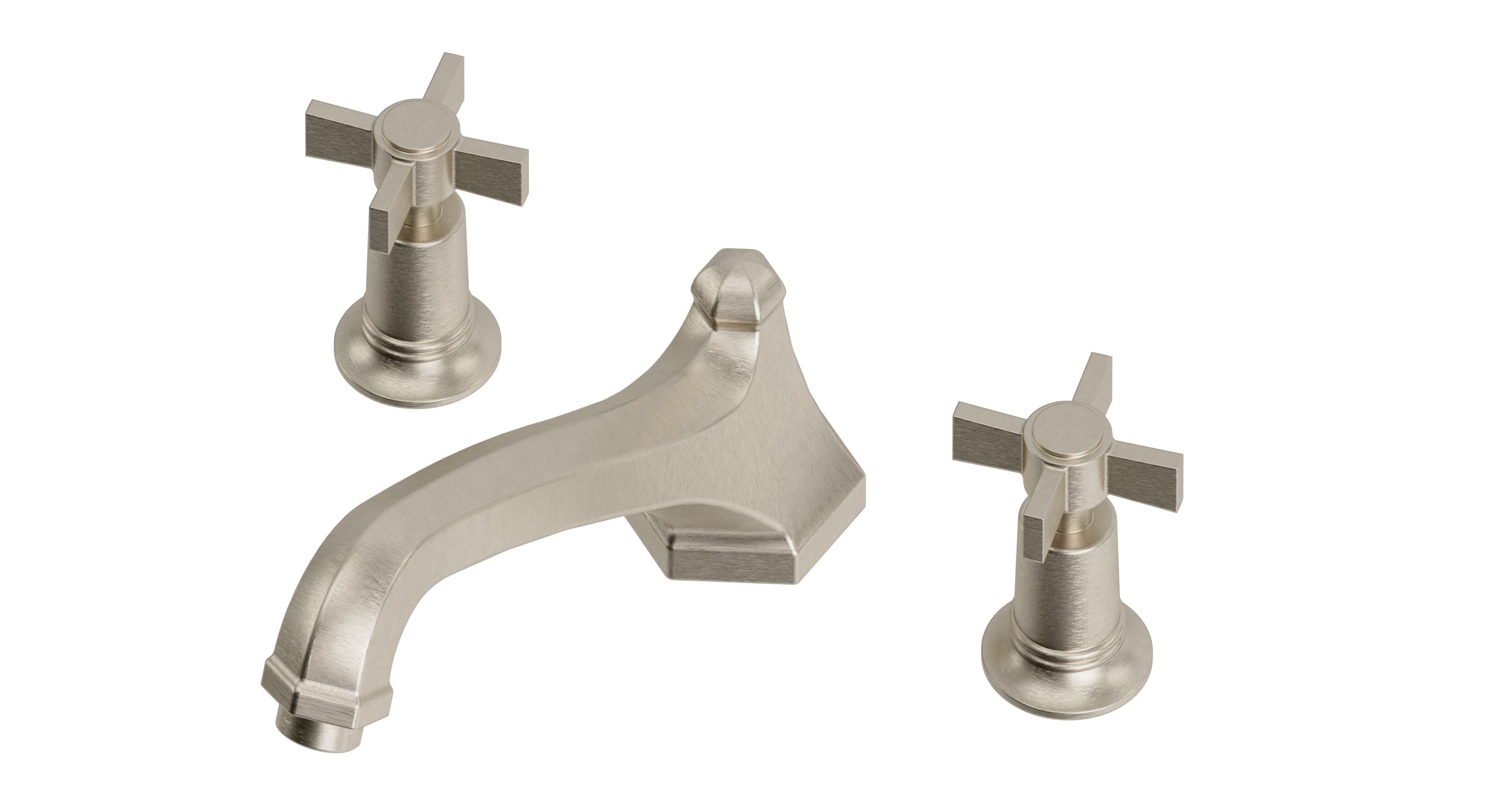 Emerson Two Handle Deck Mount Low Hexagon Bath Trim with Defined Cross Handles in Satin Nickel