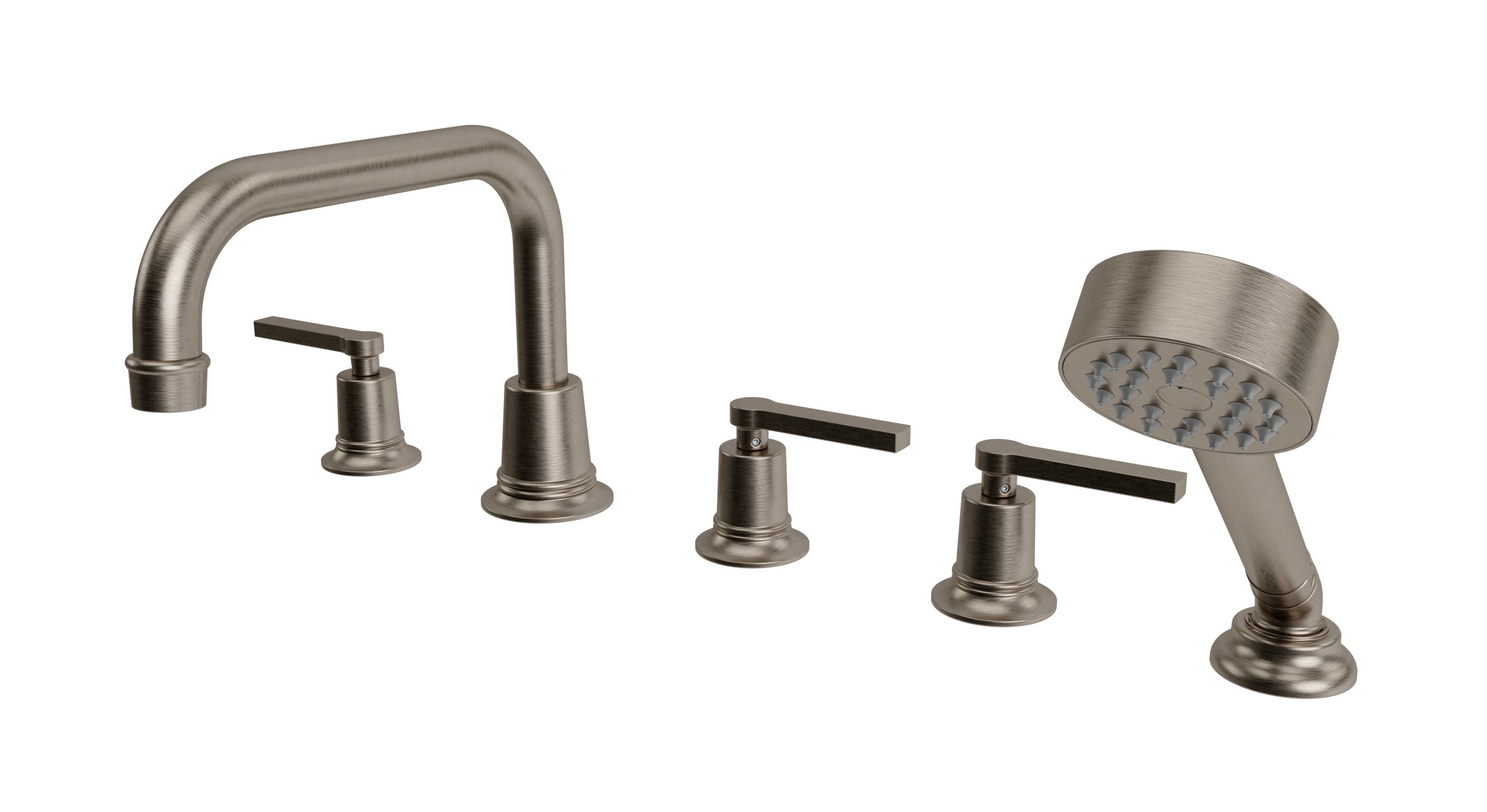 Emerson Three Handle Deck Mount Squaretop Bath Trim with Hand Shower and Classic Lever Handles in Antique Nickel