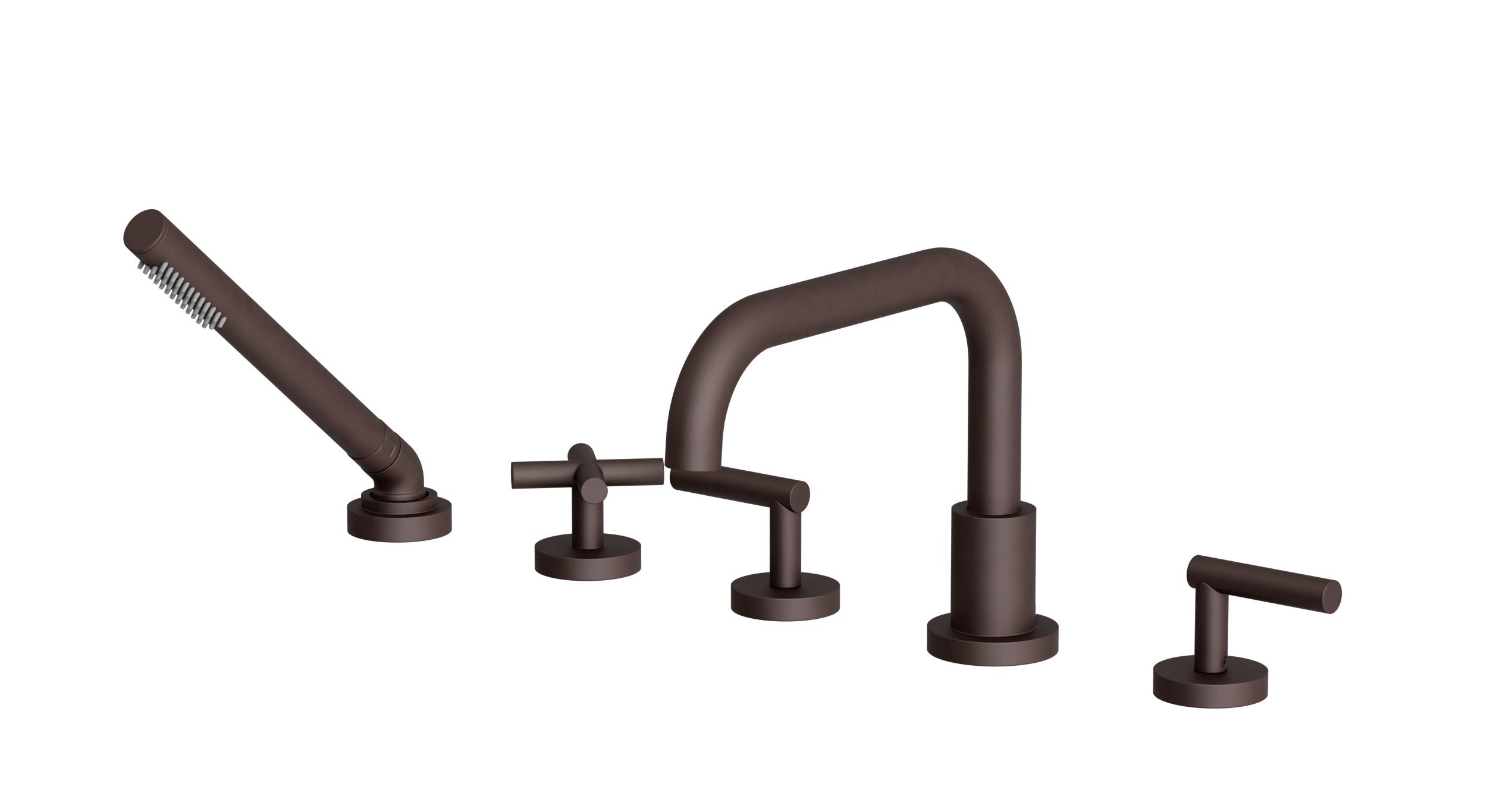 Contour Three Handle Deck Mount Squaretop Bath Trim with Hand Shower and Soft Cross/Soft Lever Handles in Architectural Copper