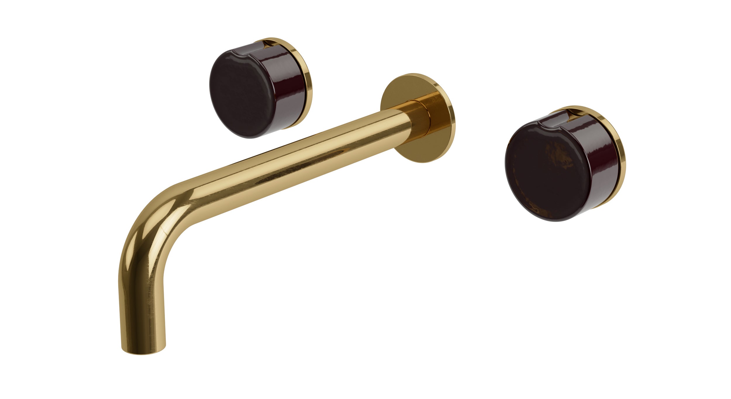 Foundry Two Handle Wall Mount 7.5" Lavatory Faucet with Groove Ceramic Knob Handles in Uncoated Polished Brass