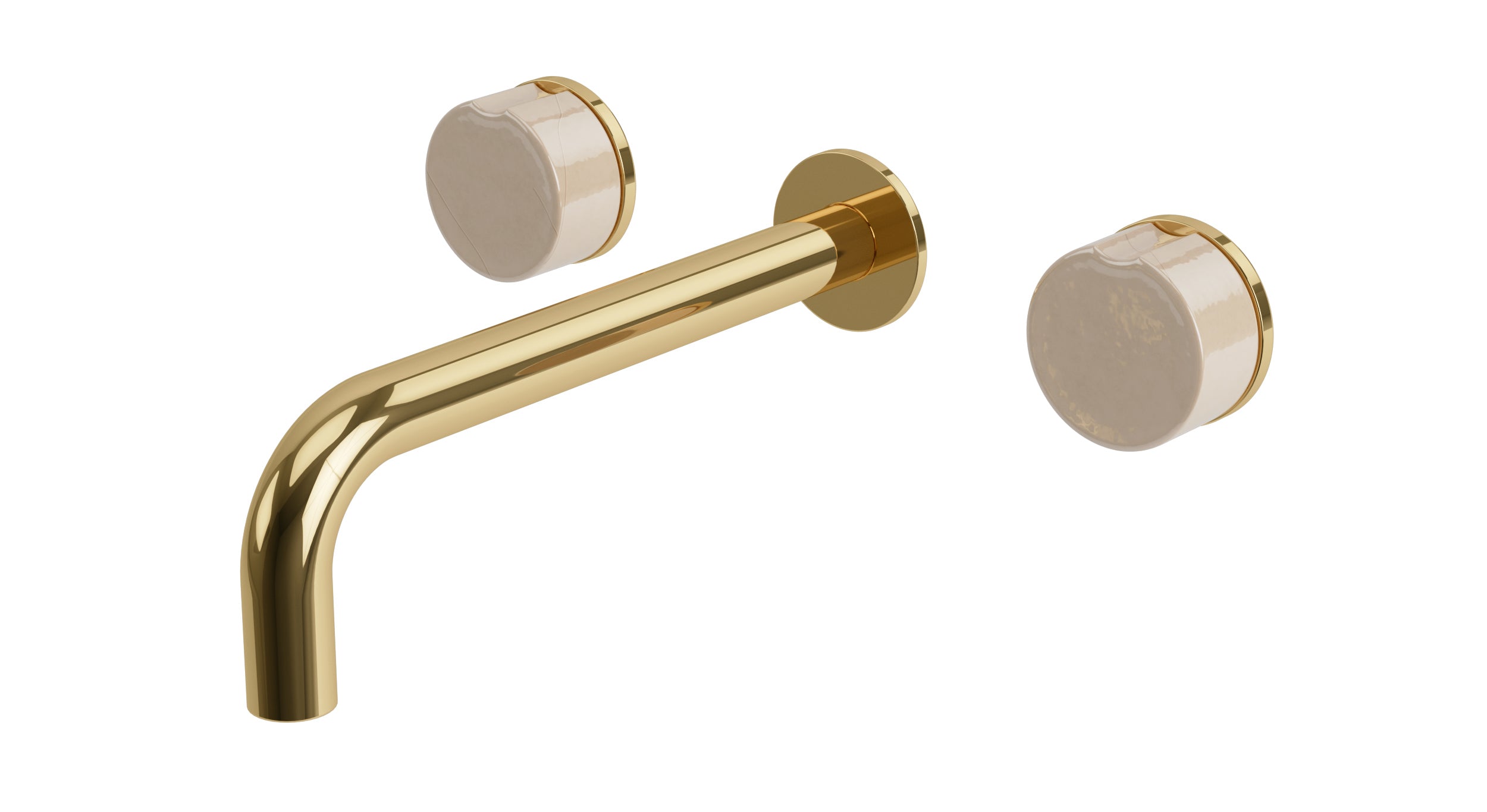 Foundry Two Handle Wall Mount 7.5" Lavatory Faucet with Groove Ceramic Knob Handles in Polished Brass