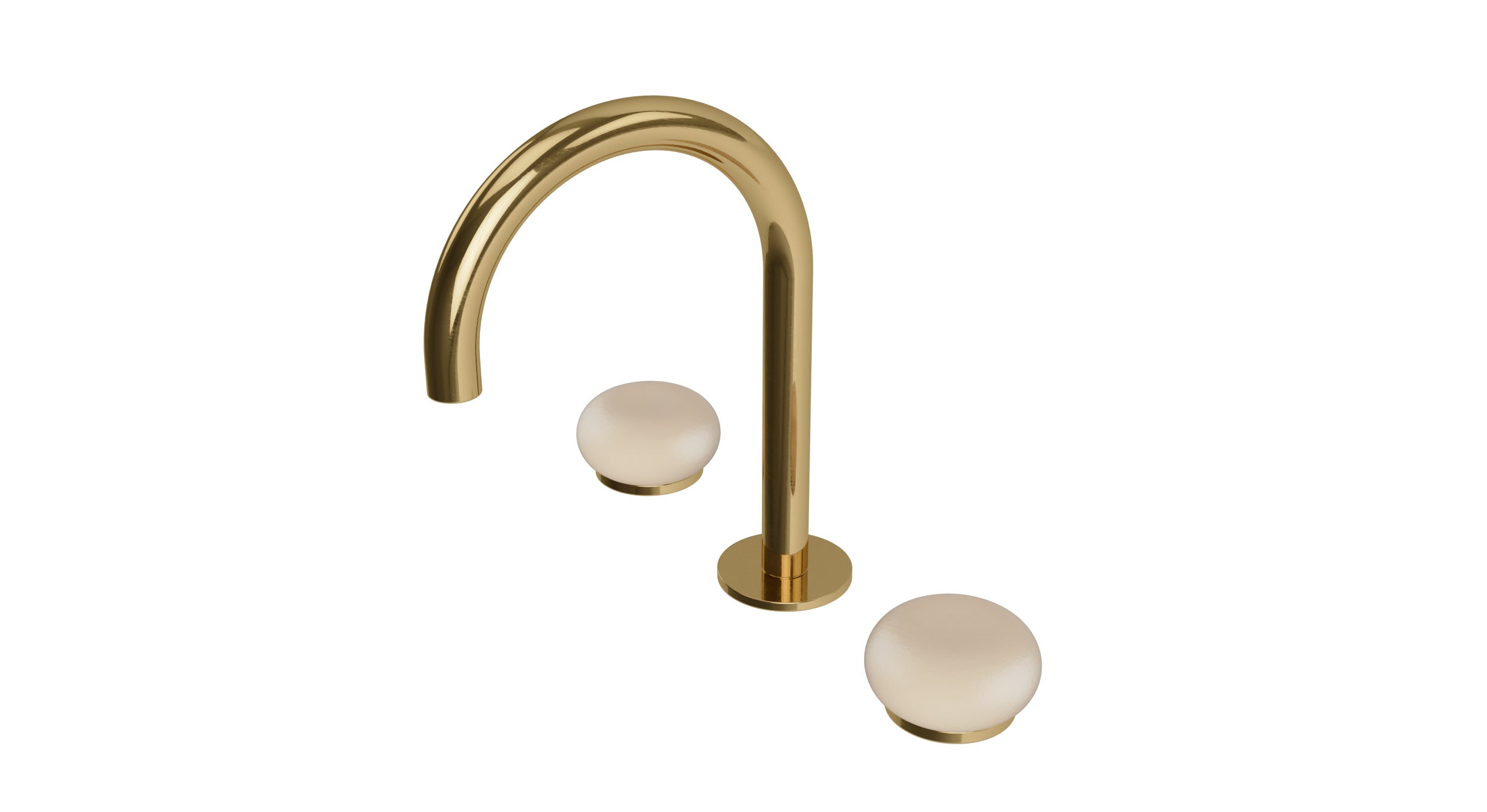 Foundry Two Handle Deck Mount Gooseneck Lavatory Faucet with Pebble Ceramic Knob Handles in Uncoated Polished Brass