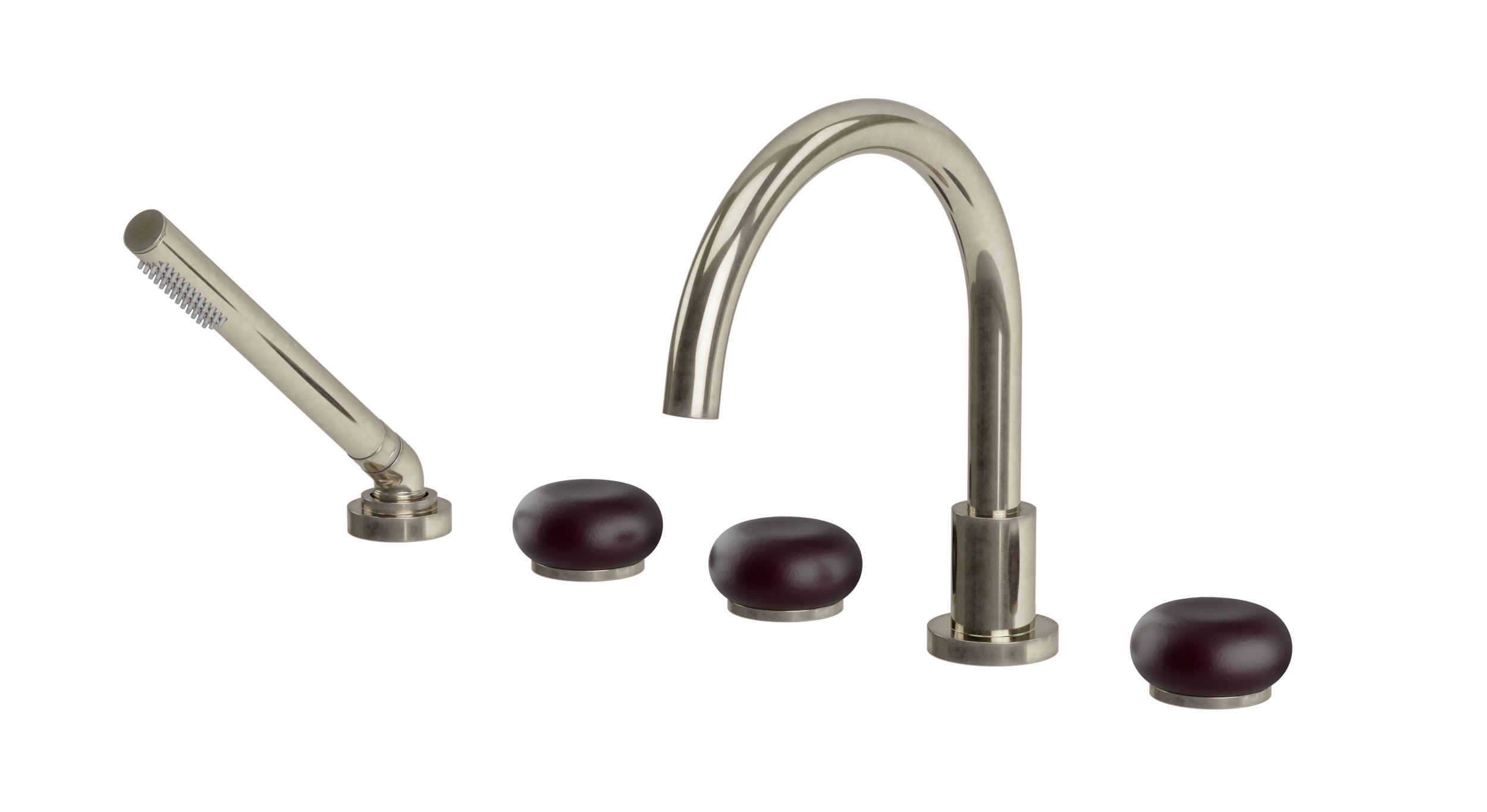 Foundry Three Handle Deck Mount Gooseneck Bath Trim with Hand Shower and Pebble Ceramic Knob Handles in French Nickel