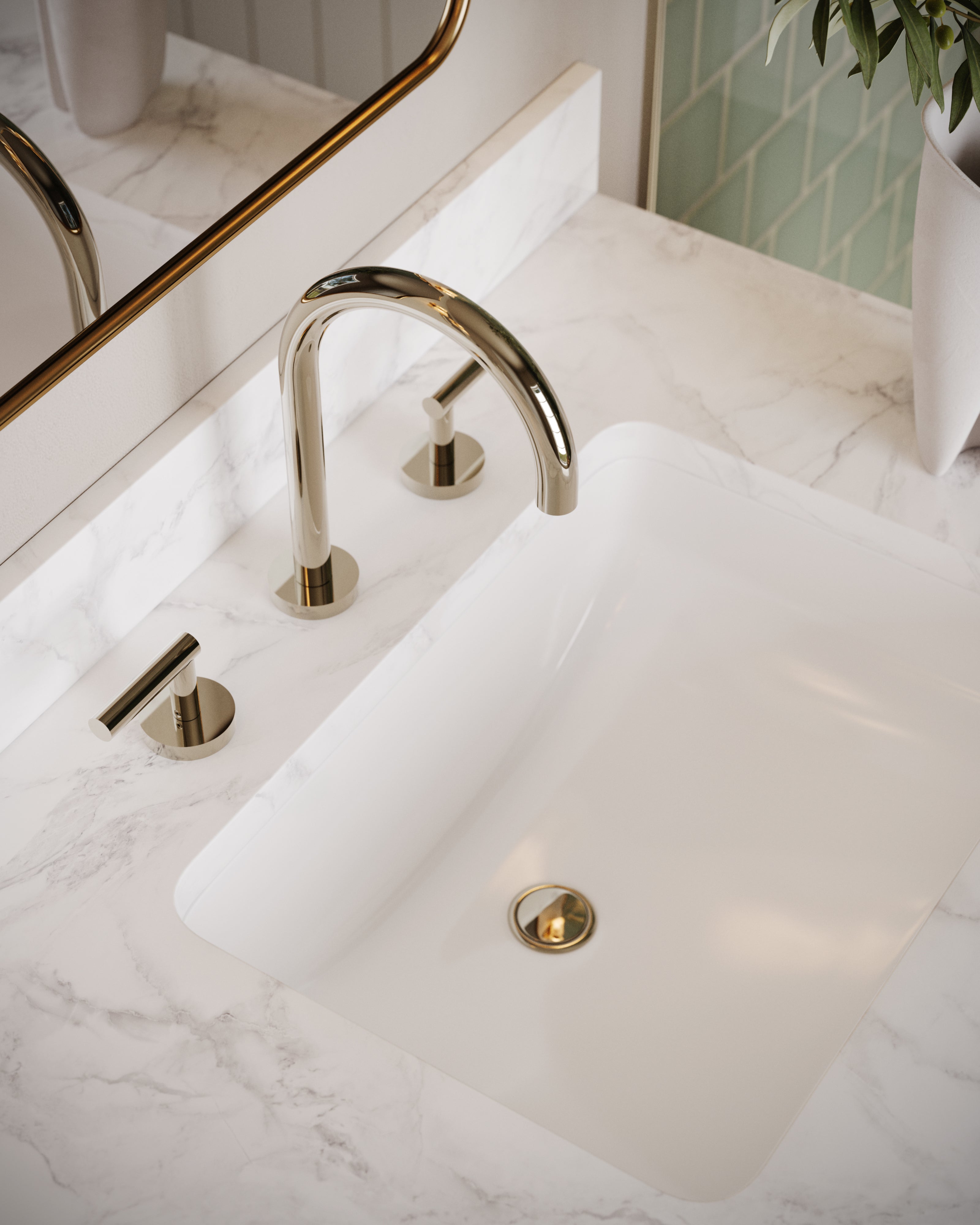 Contour Two Handle Deck Mount Gooseneck Lavatory Faucet with Soft Lever Handles in Polished Nickel
