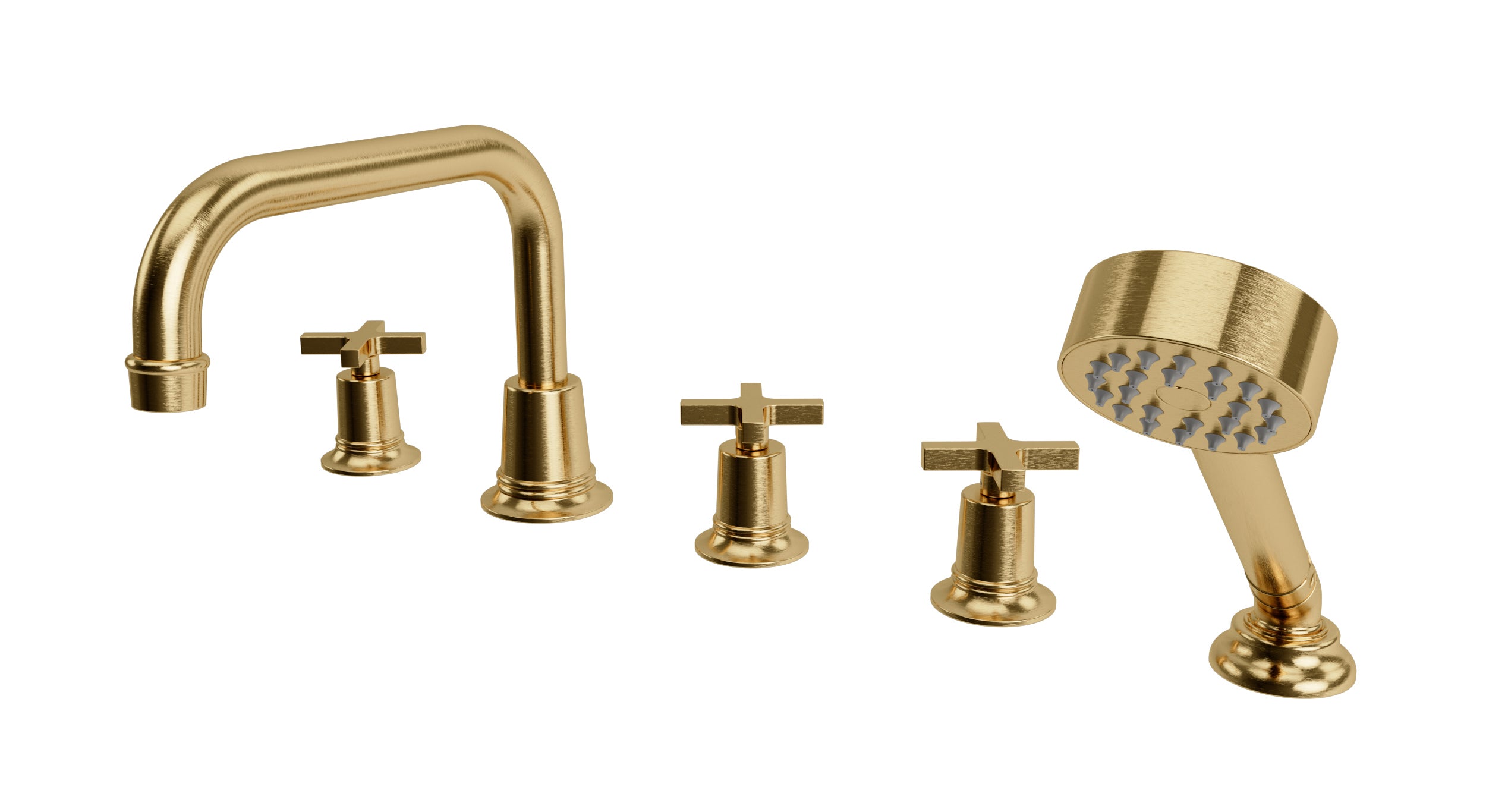 Emerson Three Handle Deck Mount Squaretop Bath Trim with Hand Shower and Classic Cross Handles in Satin Brass