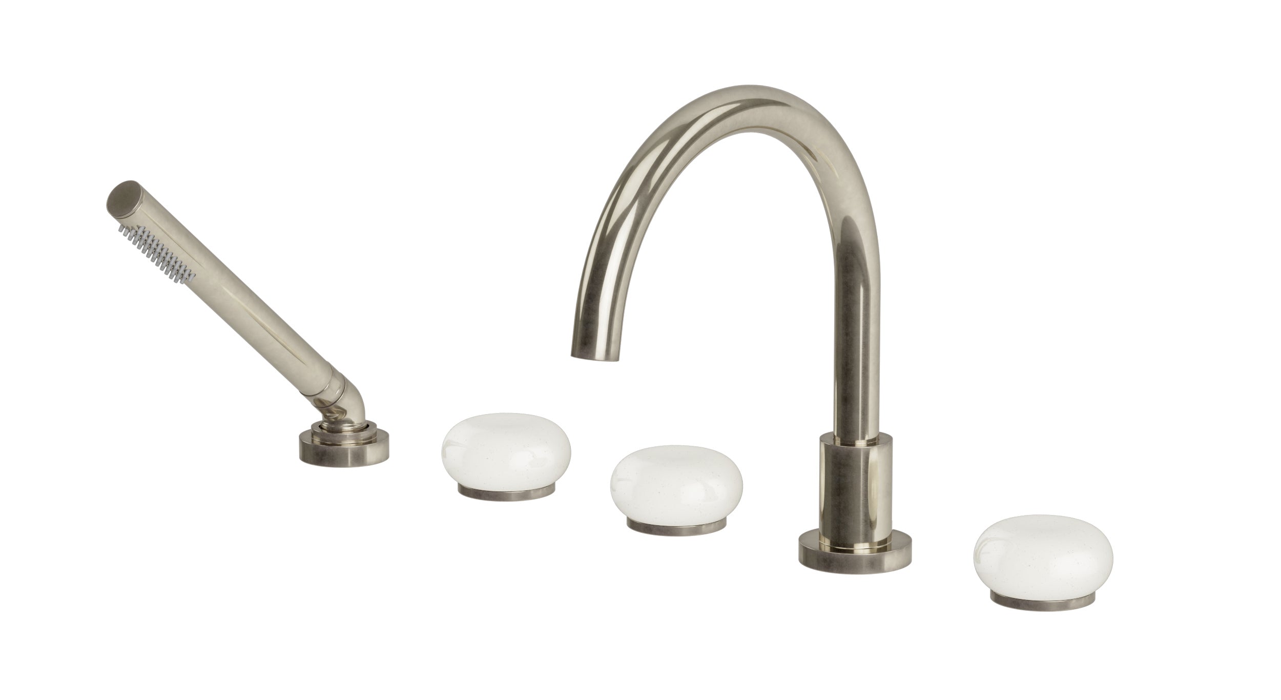 Foundry Three Handle Deck Mount Gooseneck Bath Trim with Hand Shower and Pebble Ceramic Knob Handles in French Nickel