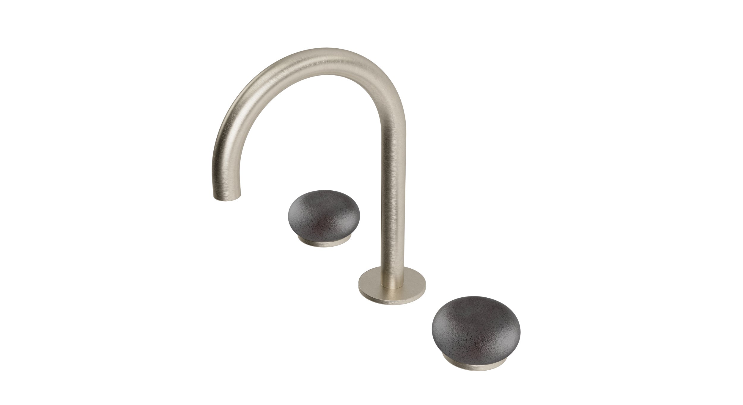 Foundry Two Handle Deck Mount Gooseneck Lavatory Faucet with Pebble Ceramic Knob Handles in Satin Nickel