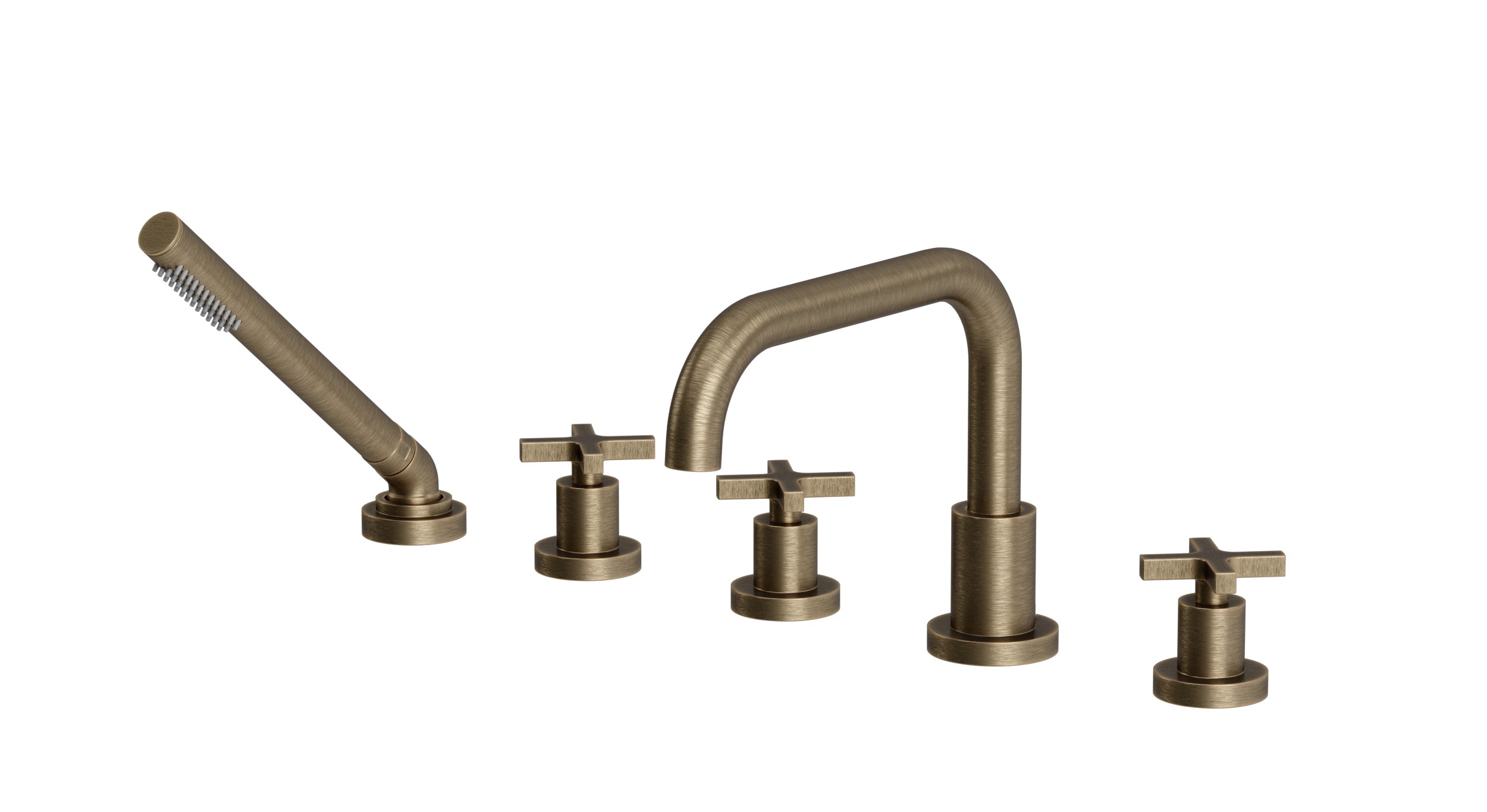 Flatiron Three Handle Deck Mount Squaretop Bath Trim with Hand Shower and Linear Cross Handles in Antique Brass