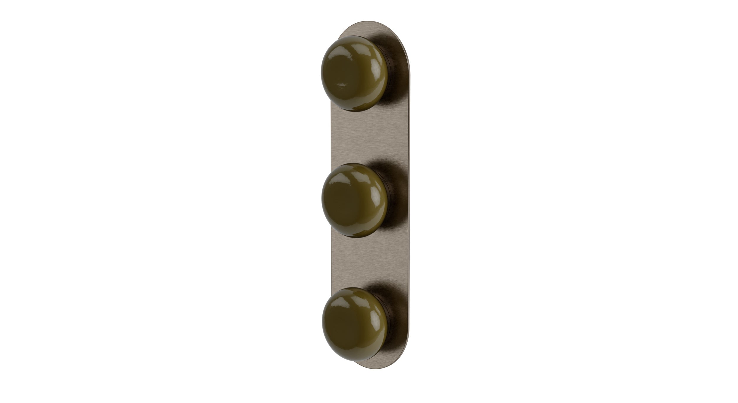 Foundry Three Handle Wall Mount Shower Trim with Pebble Ceramic Knob Handles in Antique Nickel